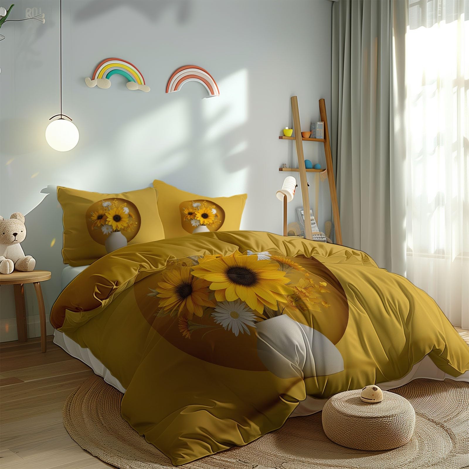 Pościel 3D, 200 x 200 cm, poszewka na kołdrę 3D, kwiaty, słonecznik, stokrotka, gładka, zestaw pościeli deluxe, przytulna pościel dziecięca z zamkiem błyskawicznym + 2 poszewki na poduszkę 80 x 80 cm