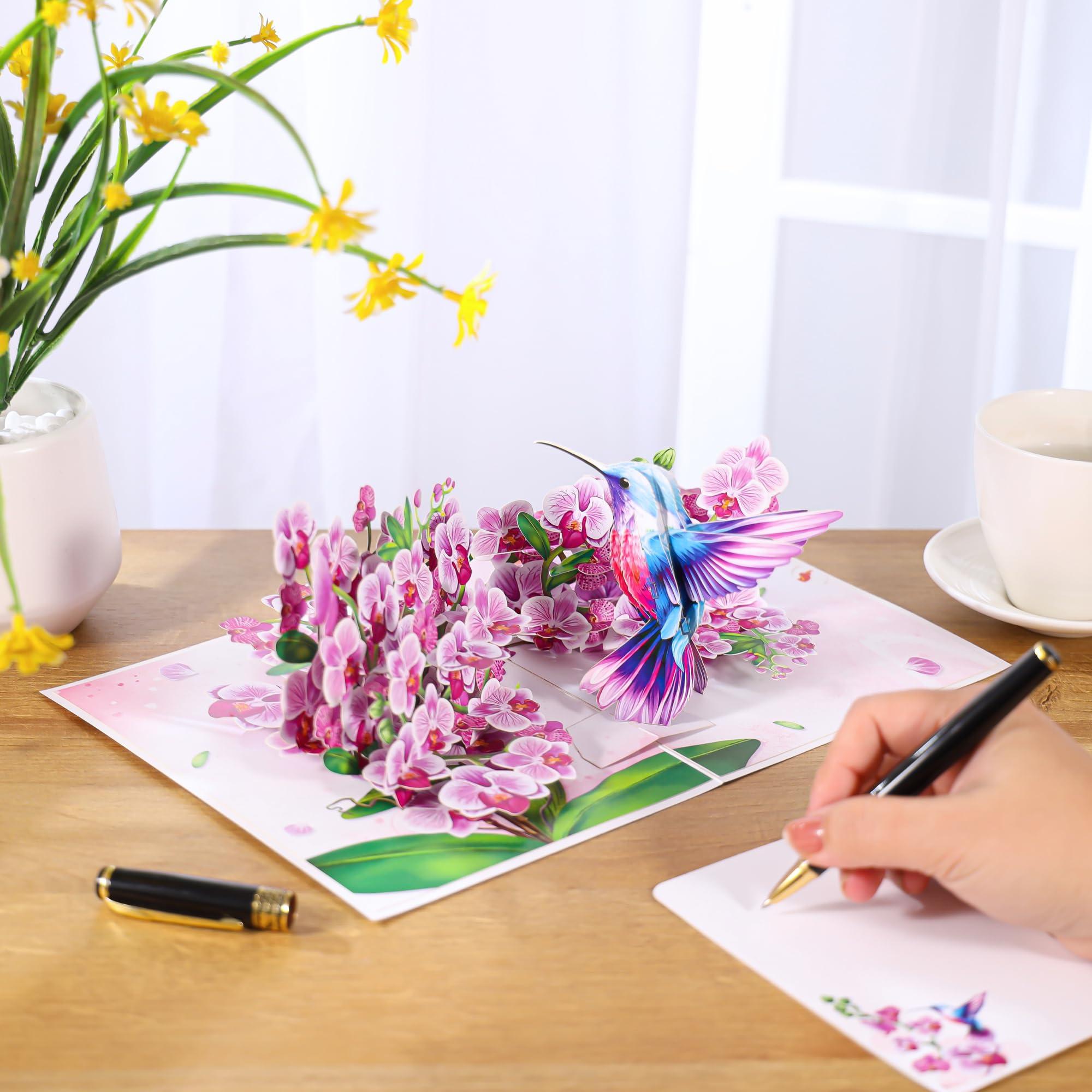 Tarjeta desplegable de colibríes y orquídeas moradas, tarjeta de San Valentín 3D, tarjeta de cumpleaños desplegable para mujeres, mamá, tarjeta emergente del día de la madre, pensando en ti, todas las