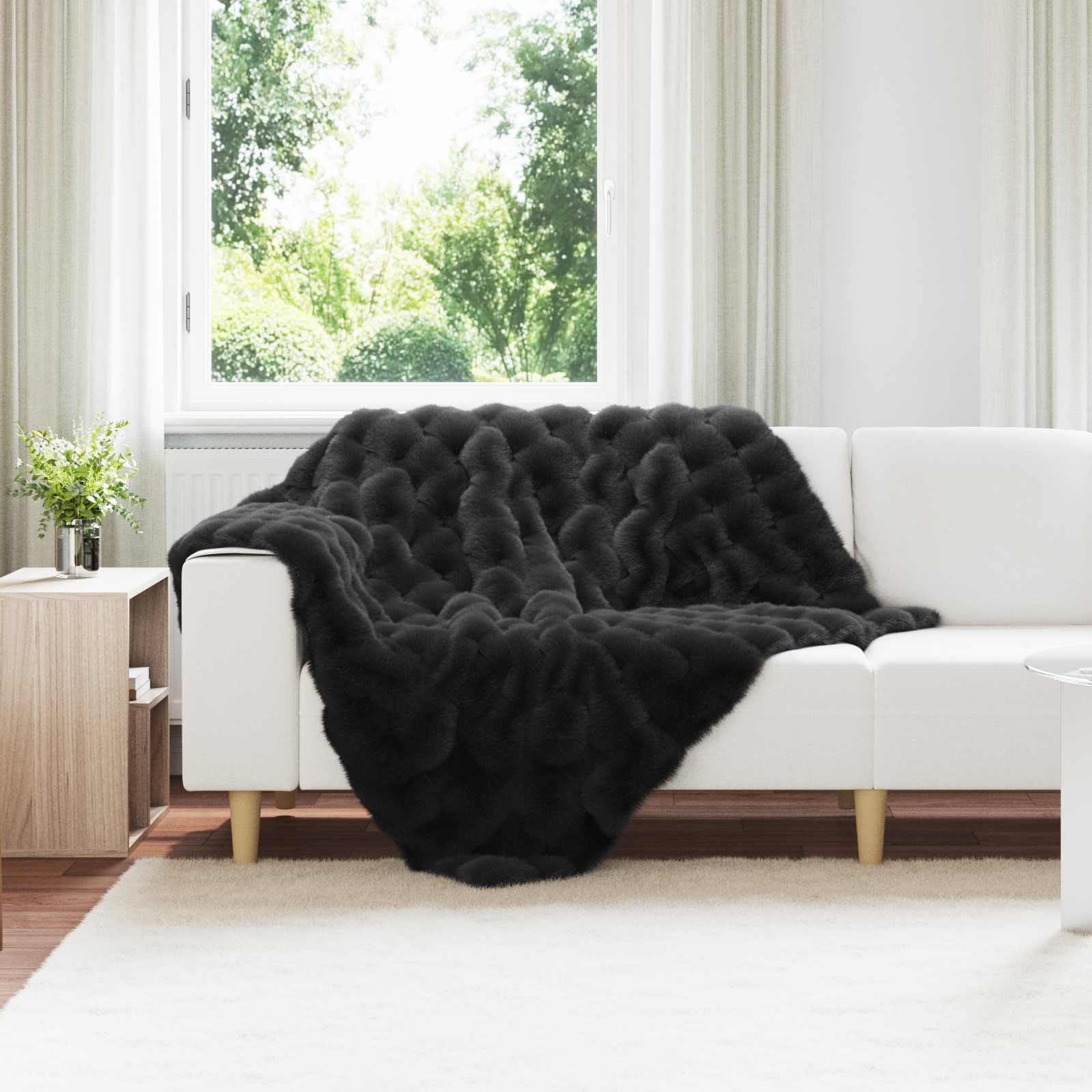 Manta antideslizante de piel de conejo sintético negro, 130 x 150 cm, suave y esponjosa, transpirable y agradable al tacto, ideal como manta para sofá, cama y salón