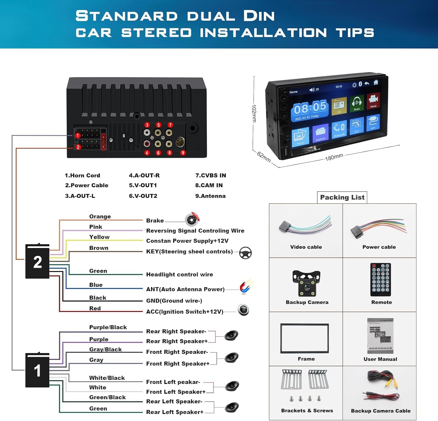 Detailed wiring diagram for the ZZH YC765-ZW car stereo, showing connections for horn, power, audio out, video out, CVBS in, camera in, and antenna.