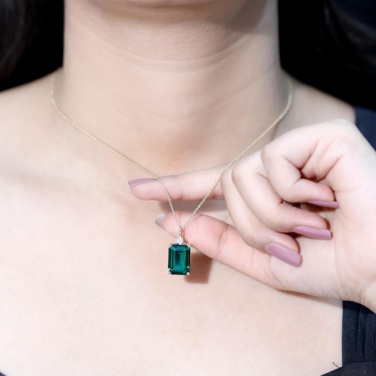 Certified 10X14mm Lab Grown Emerald Necklace with Chain, AAAA Quality, Emerald Statement Necklace For Women - Ready To Gift
