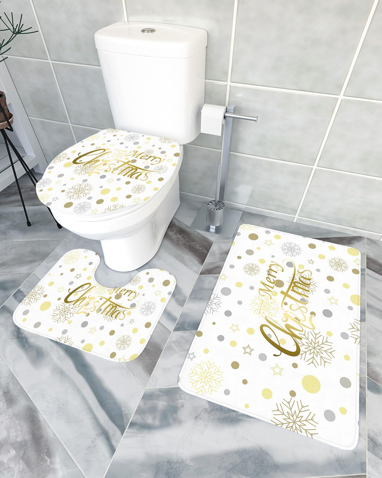 3 Piece Merry Christmas Bath Mat Sets Gold Xmas Ball