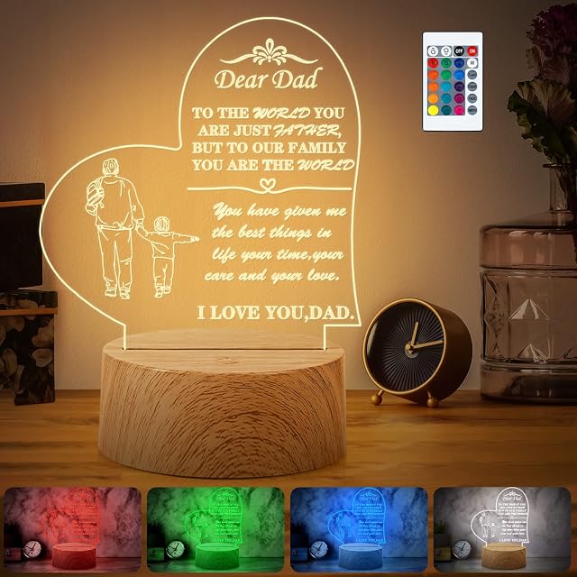 Gift for Dad from Daughter Son,Dad Birthday Gift RGB Acrylic Night Light with Imitation Wood Base,Present for Thanksgiving,Christmas,Father's Day,Remote Control 3D Illusion Lamp 16 Colors 4 Modes