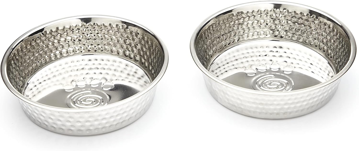 Penguin Home® Non Slip Grey Pet Feeding Mat with 2 Hammered Stainless Steel Pet Bowls|Pet Safe Food Grade Waterproof Mat|Raised Edges to Prevent Spillage|Dogs Cats Rabbits etc|Mat-45x30cm Bowl-425mL|