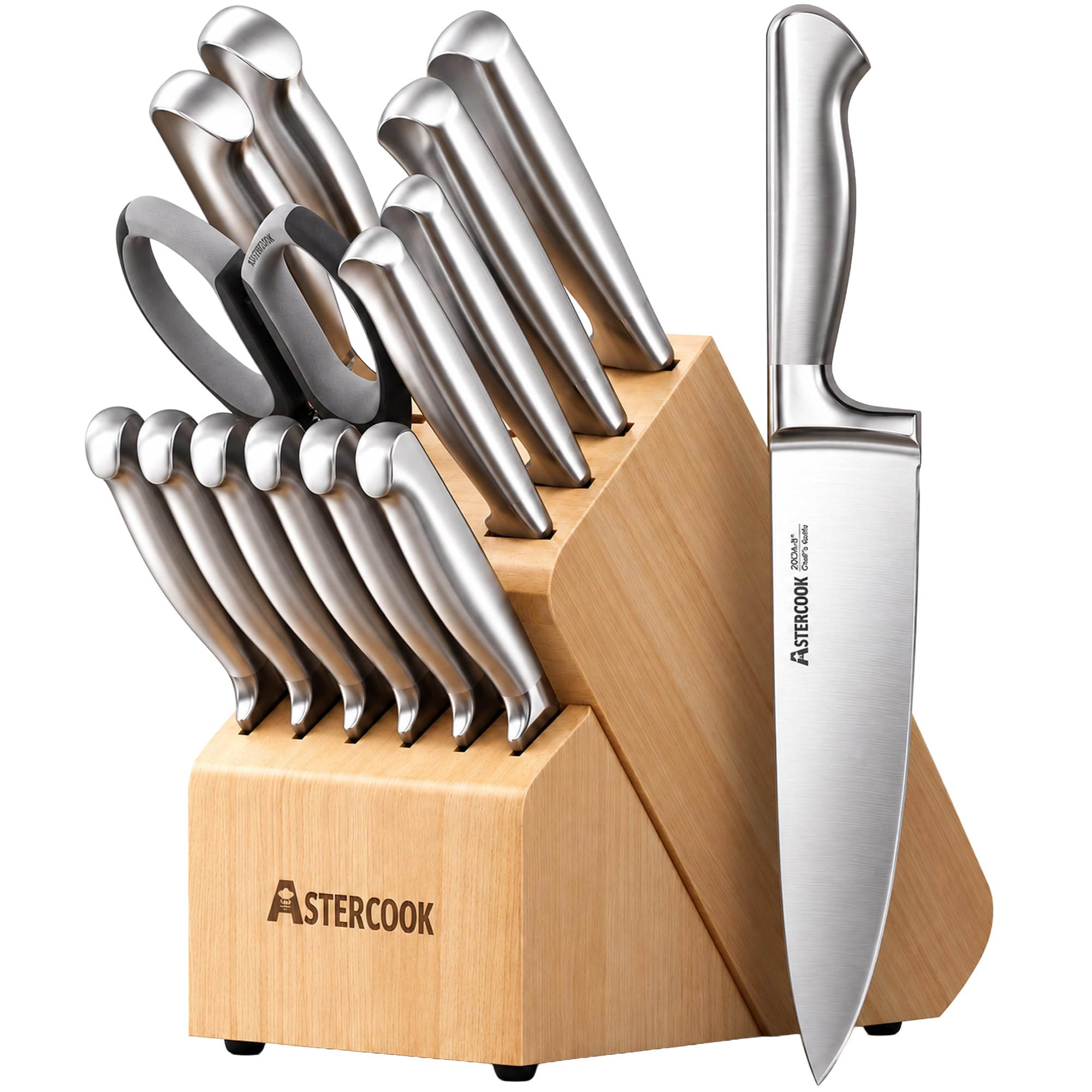 Astercook Knife Set 15 Piece German Steel Kitchen Knife Block Set (Natural Wood)