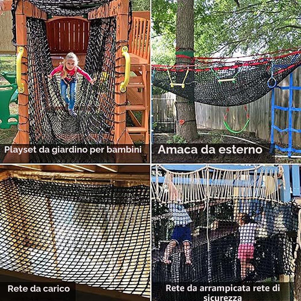 Reti Anticaduta,Rete da arrampicata per bambini all'aperto,corda spessa 4mm,fori da 4cm,per Rete Anticaduta da Esterno, Parco Giochi, Esterno ed Interno (Nero, 2 * 3)