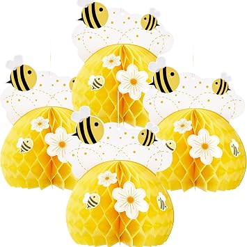 SUNBEAUTY 4PCS Honey Bee Honeycomb Centerpieces Decorations Yellow Bee Honeycomb Table Centerpieces with Sunflower Stickers for Baby Shower Birthday Gender Reveal Birthday Decoration