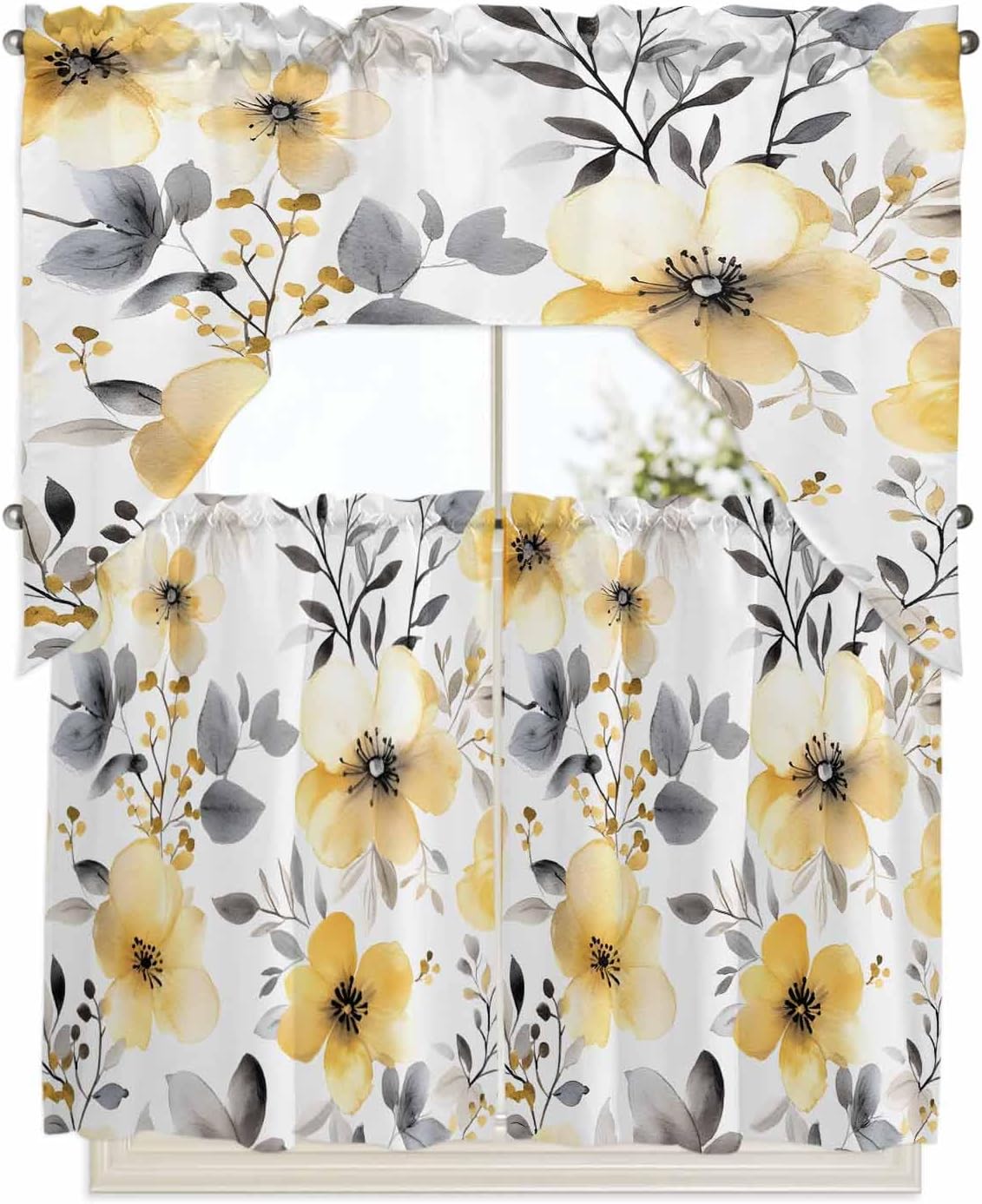 Yellow Floral Spring Kitchen Curtains Sets for Windows 3 Piece, Summer Botanical Gray Farmhouse Kitchen Curtains and Valances Tier Set 36 Inch Length Swag Curtain for Living Room Cafe Bathroom Bedroom