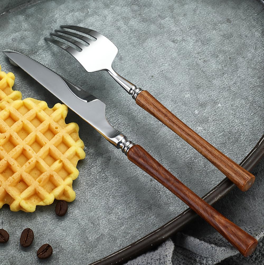 24 Piece Silverware Set for 6, 18/10 Stainless Steel Rosewood Wooden Handle Flatware Cutlery Set for Home Kitchen Restaurant, Mirror Finish, Dishwasher Safe (24-Piece for 6)