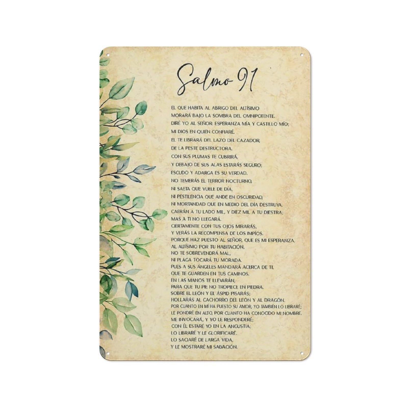 Rustic Metal Tin Sign Psalm 91 Wall Art Spanish Bible Verse Poster Christian Scripture Wall Decor Inspirational Quotes Poster Artwork Metal Tin Sign 8X12 Inch