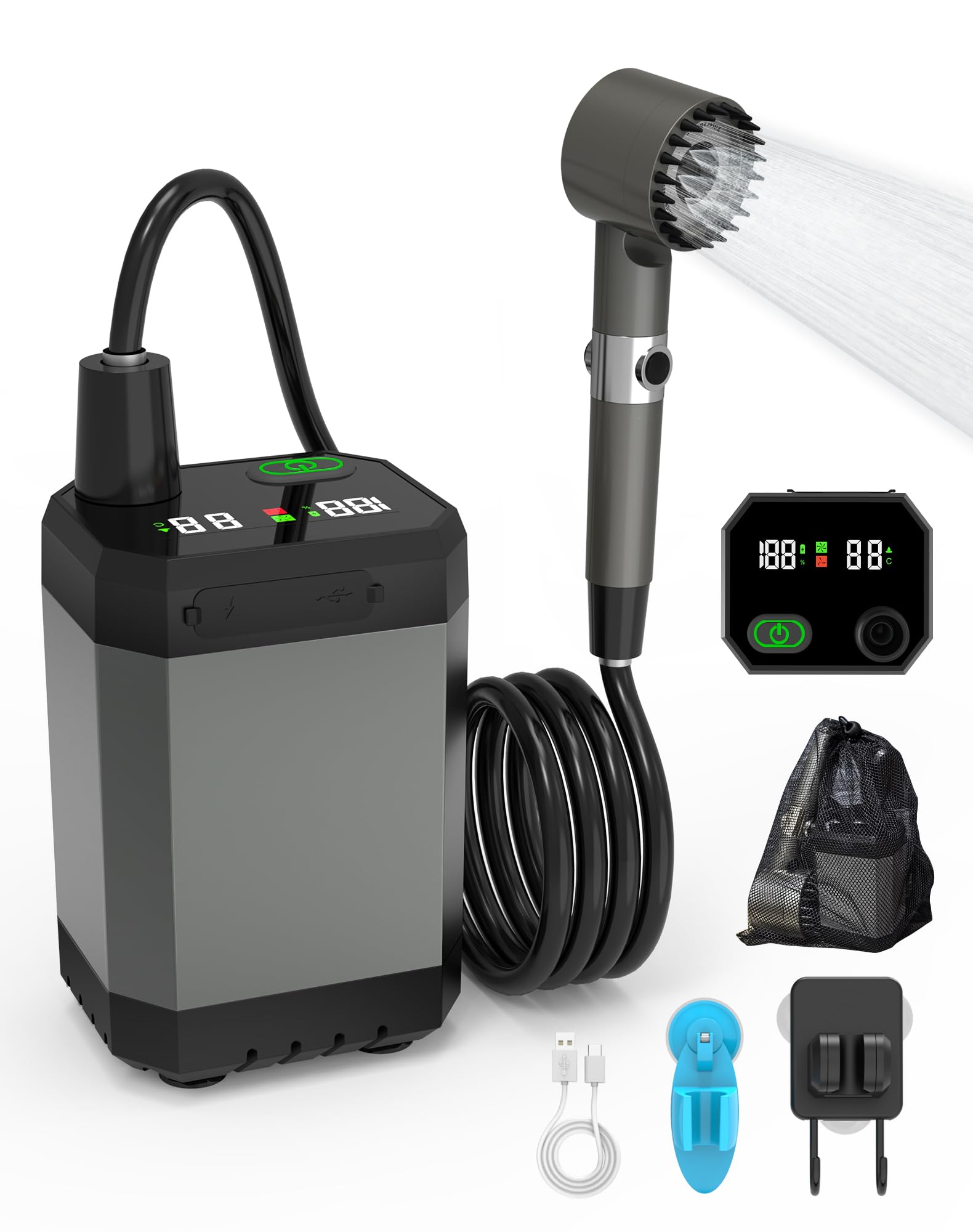 Kit Douche Camping,6000mAh Douche Portable Imperméable,USB Pompe de Douche Électrique Rechargeable,4 Modes pour Extérieure,avec Afficheur Intelligent,pour Extérieure,Camping,Randonnée,Jardin