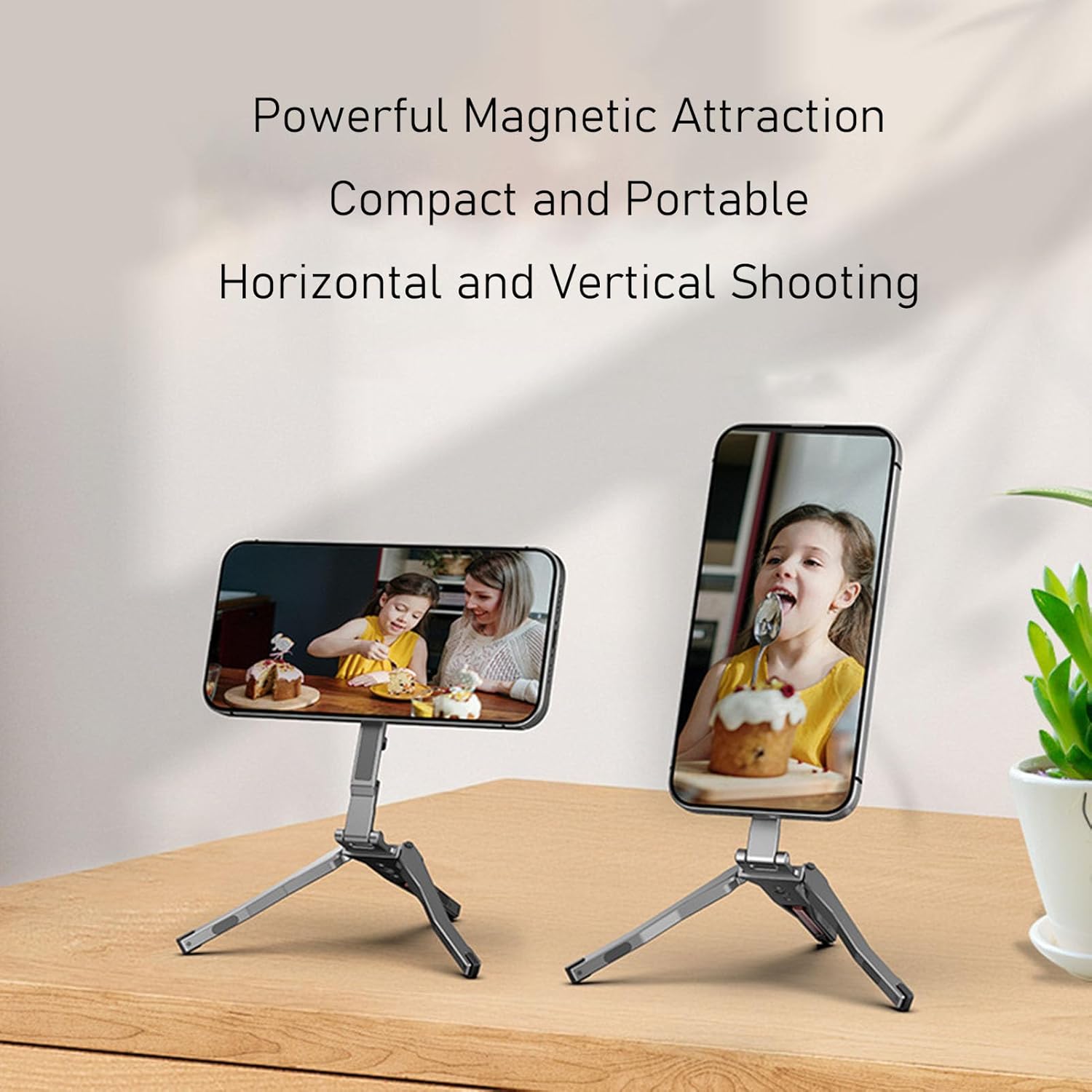 PUSOKEI Magnetic Phone Tripod, Aluminum Alloy Foldable Stand with Strong Magnetic Design and Non Slip Foot Pads, for Selfies, Live Streaming, Video Recording