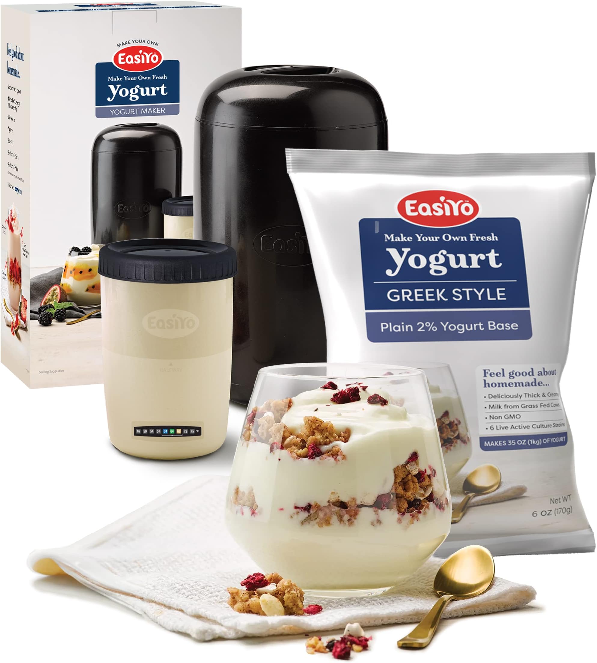 - EasiYo Yogurt Starter Kit | EasiYo Yogurt Maker, Storage Jar and Greek Style Plain 2% Yogurt Base (35oz, Makes 7 Servings) | Fresh Homemade Yogurt | New Zealand Milk from Grass Fed Cows