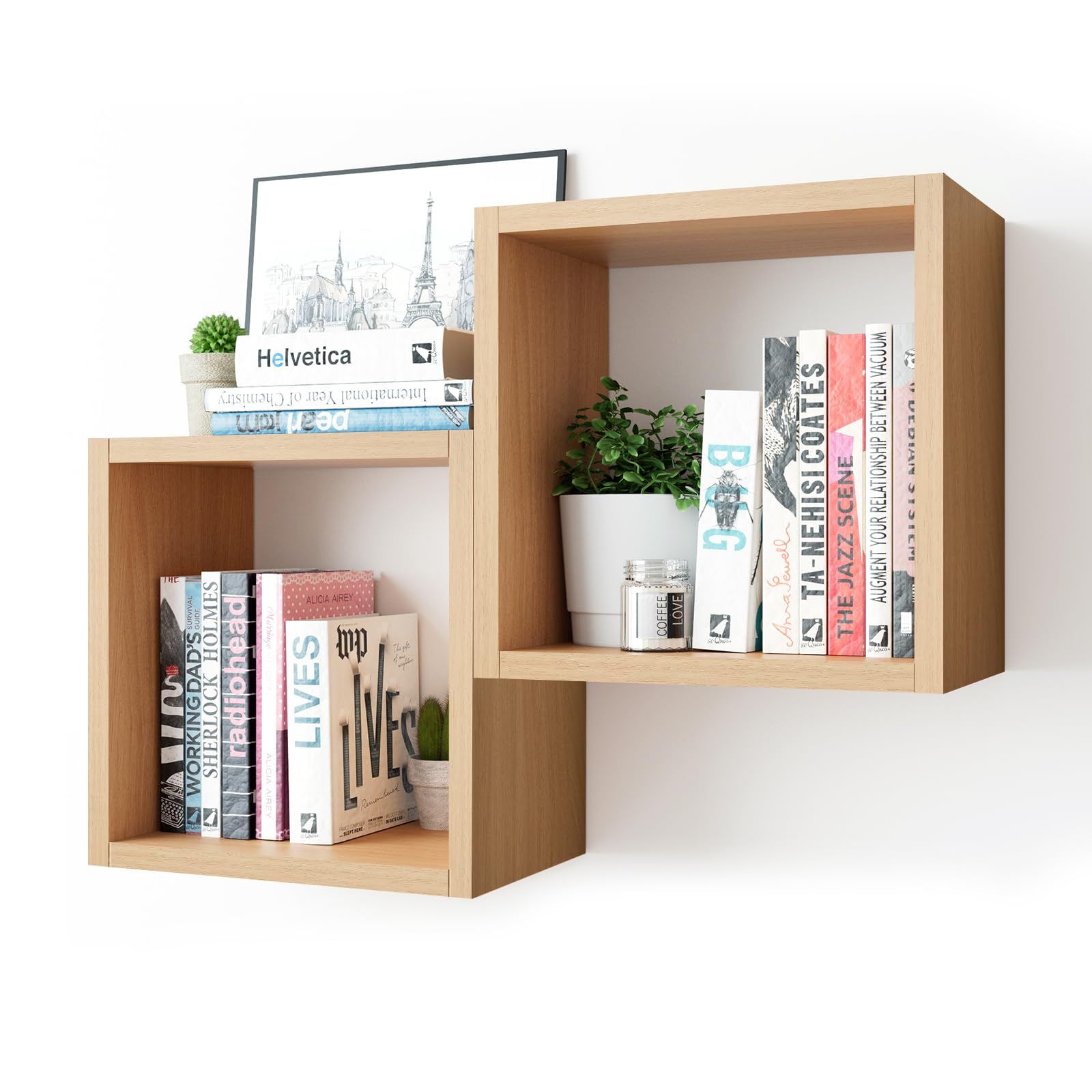 Kaboon Cube Floating Shelves Set2, Display Shelves Wall Mount 7.75" D x 12.5" W x 12.5" H, (Light Walnut, Square 2 Cubes)