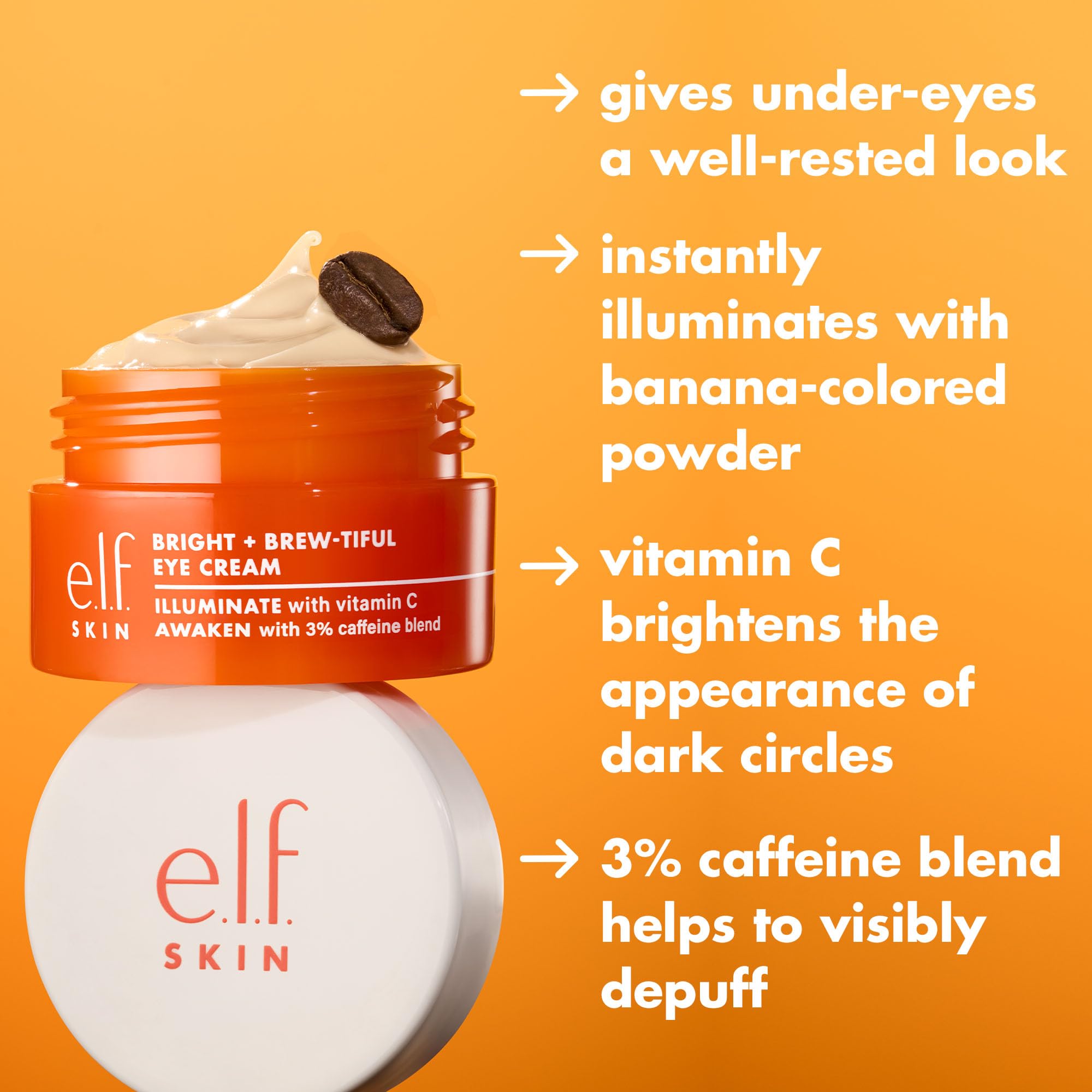 e.l.f. SKIN Bright + Brew-tiful Eye Cream Mini, aiuta a schiarire le occhiaie e a ridurre il gonfiore, prodotto vegano e non testato sugli animali