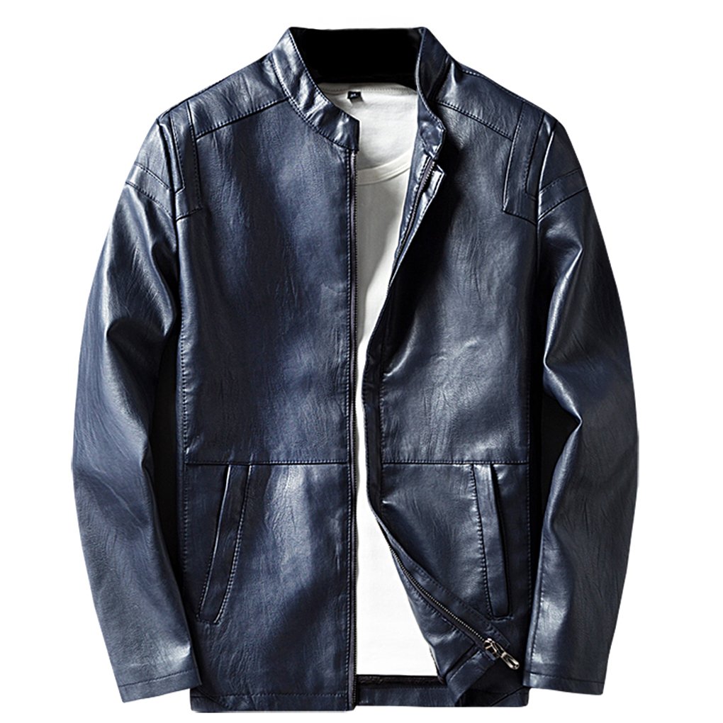 Men's Faux Leather Jacket PU Outwear Dark Blue XXL