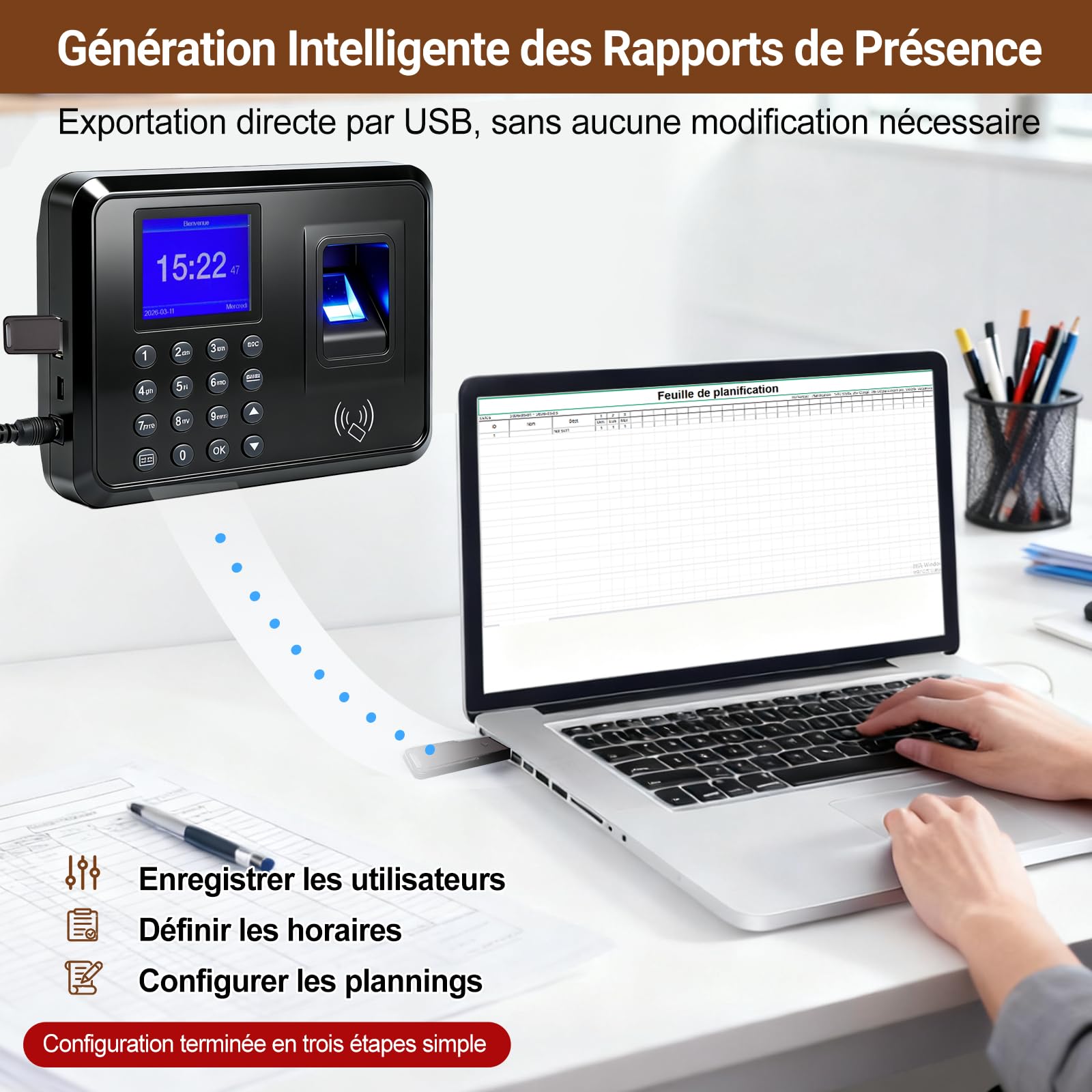 Pointeuse Horaire Biométrique pour Petites Entreprises – 3-en-1: Empreintes Digitales, Badges RFID (10), Code PIN – sans WiFi, 0 Frais Mensuels – Horloge de Pointage pour Personnel