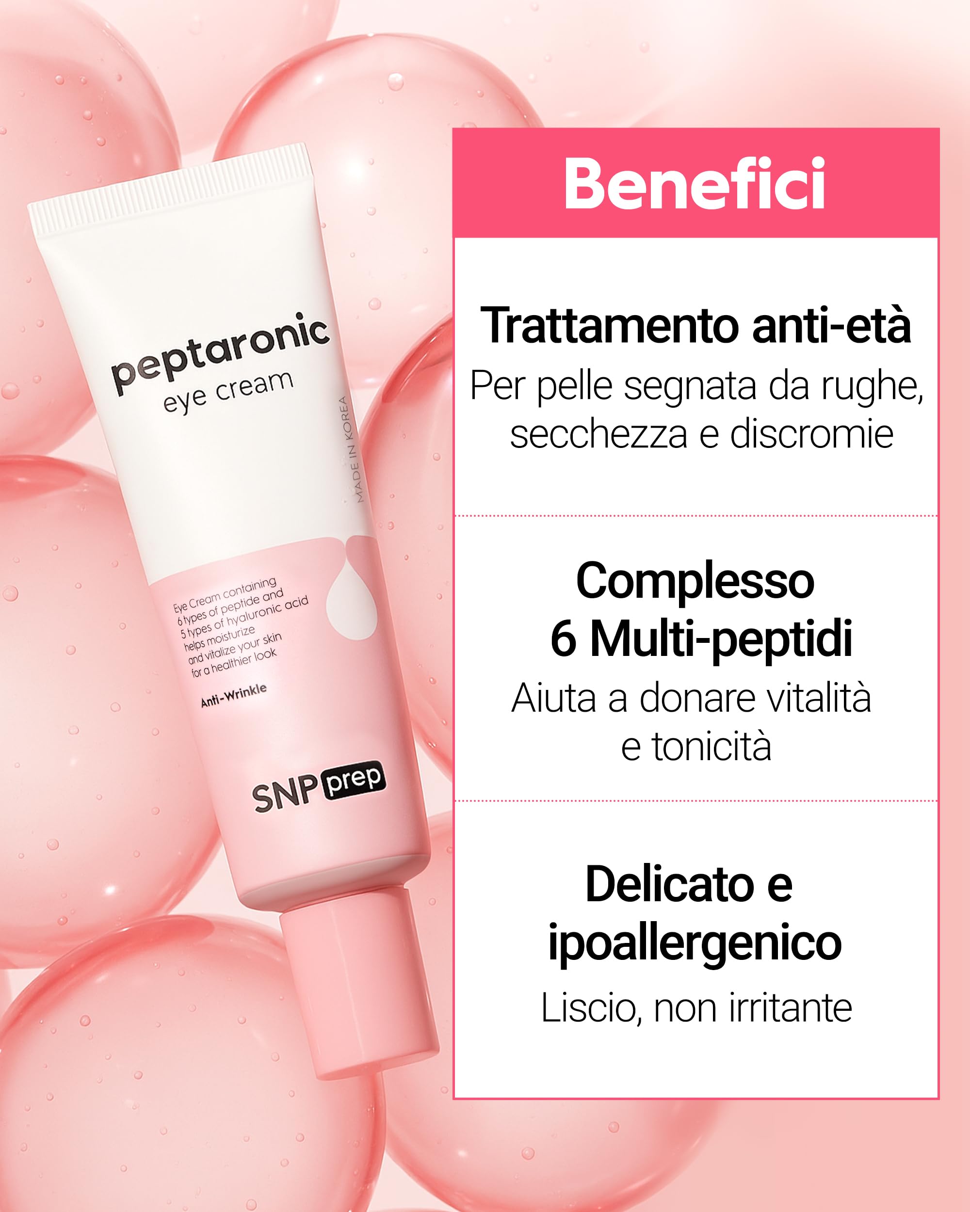 Crema occhi SNP Prep Peptaronic – Idratante anti-età coreano per occhi e viso con 6 peptidi e 5 tipi di acidi ialuronici per la cura delle rughe, il miglioramento dell'elasticità, 25ml.
