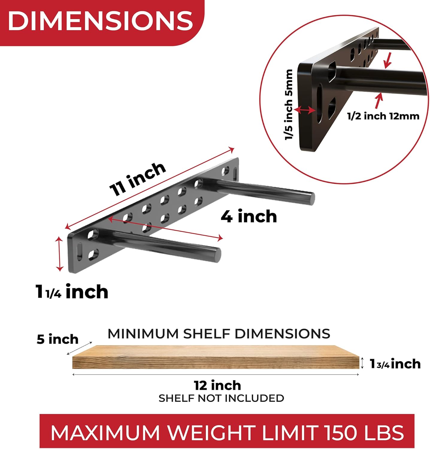Set of 2 Floating Shelf Brackets 11 inch Multiple Mounting Location Baseplate/Heavy Duty Black Painted Mild Steel Bracket Hidden Wall Shelves Support Hardware Mount Kitchen/Nursery Decor (4 inch Rods)