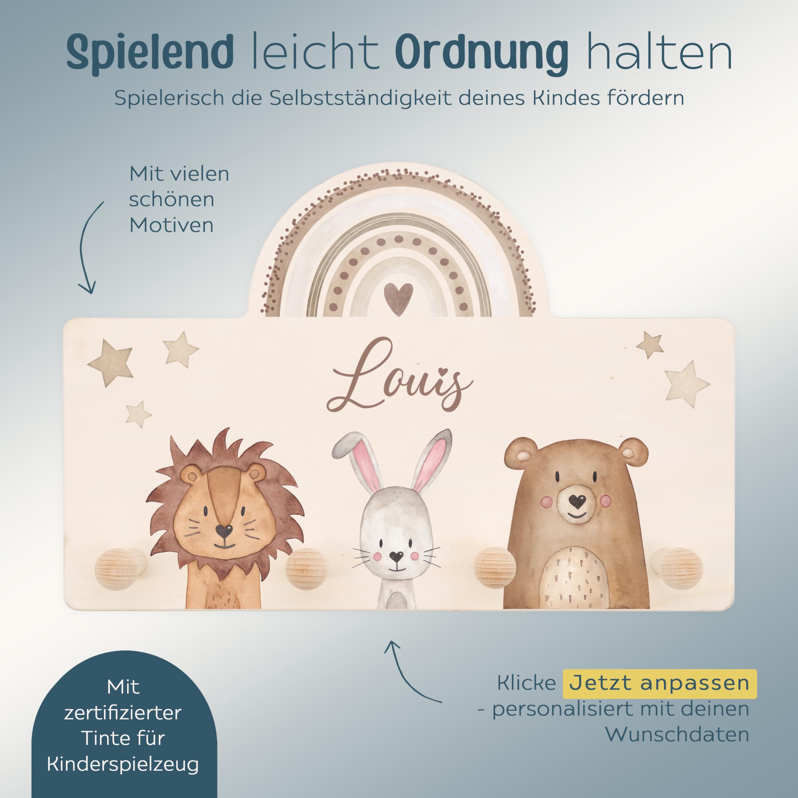 wunderwunsch® - Personalisierte Garderobe Kinder mit Spezial-Druck (inkl. 4 Haken)- Kinderzimmer Deko, Taufe Geschenk, Kindergeschenke, Geburt Geschenk (Tiere Regenbogen beige)