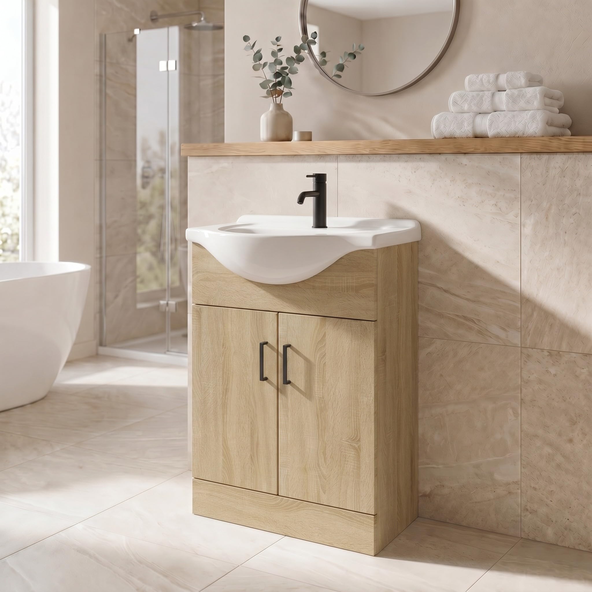 Affineยฎ 650mm Vanity Unit Basin Sink Bathroom Storage Cabinet Cupboard Freestanding, Single Tap Hole Ceramic Wash Basins, Soft Close Door, Oak Wood Effect