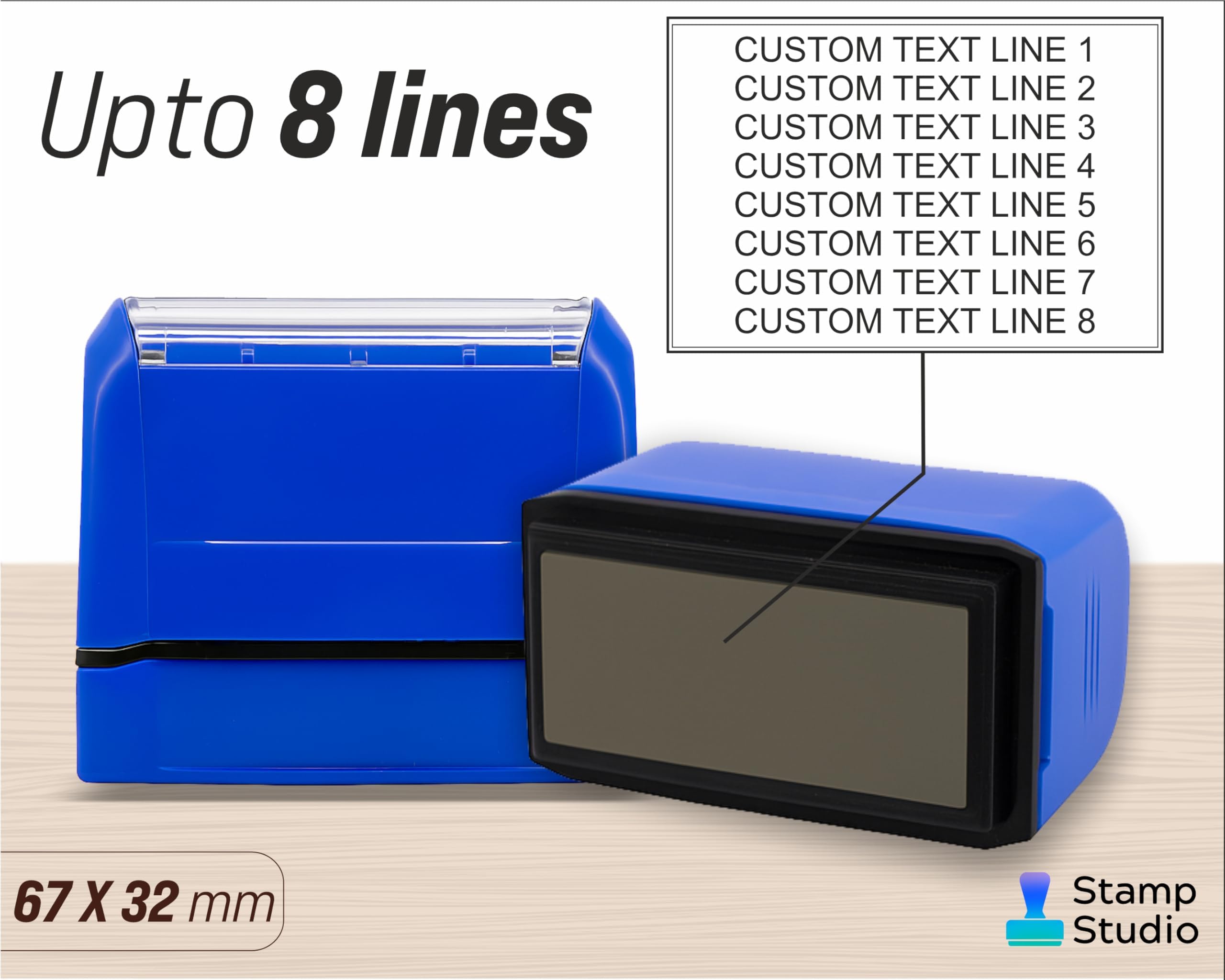 Pre-Inked Stamp – Custom Extra Large Rubber Stamp | Up to 8 Lines | 67x32 mm Impression Size | Refillable | Oil-Based Ink | 5 Ink Colors | Stamp Studio