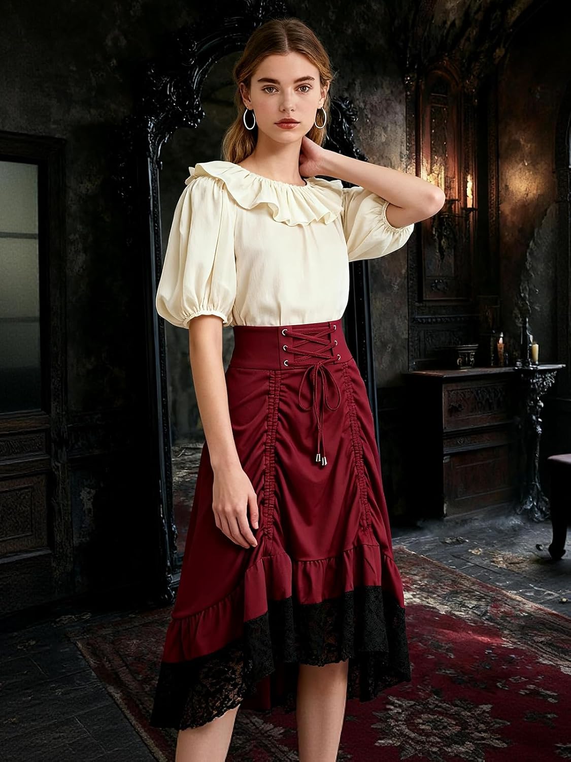 Womens Goth Steampunk Black Floral Lace A Line Midi Red Skirt Lace up Ruched High Low Asymmetrical Pirate Skirts - Image 2