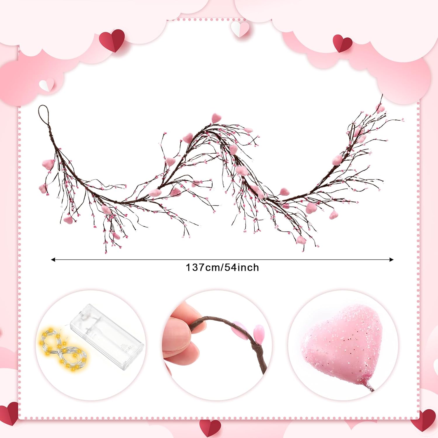 4フィート バレンタインデー グリッター ピップベリーガーランド フェアリーライト30個付き 装飾 バレンタインデーガーランド 桜ガ