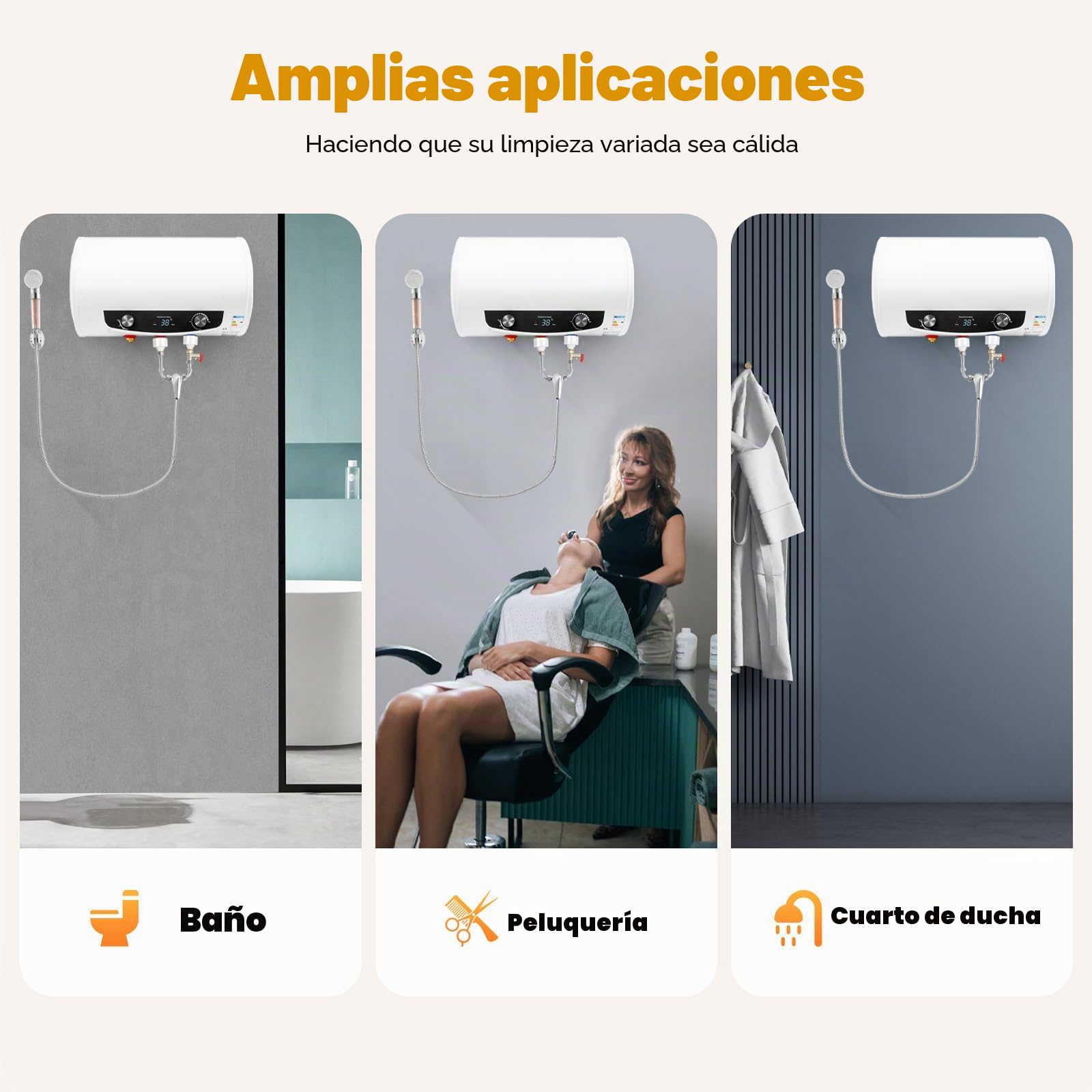 Calentador de agua eléctrico de 50L, calentador de agua, calentador de agua horizontal, baño, cocina, con alcachofa de ducha, manguera