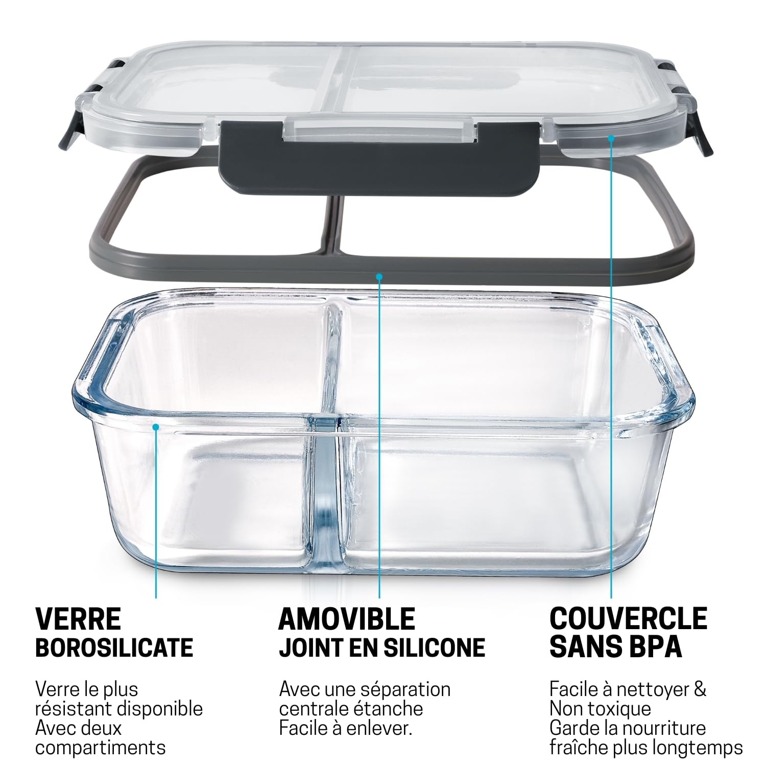 Igluu Meal Prep Boîtes Repas en Verre à 2 compartiments (Lot de 3) – Couvercle hermétique et sans BPA – Compatibles micro-ondes, four, congélateur et lave-vaisselle – 980 ml – Verre Borosilicate