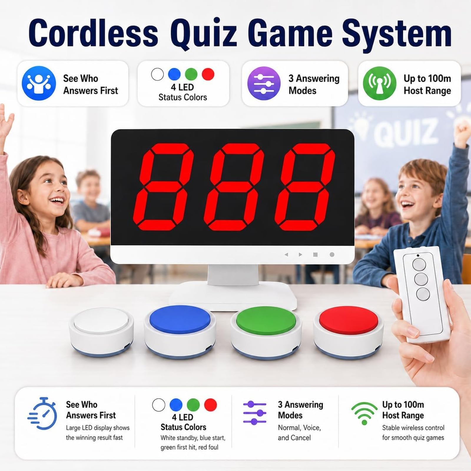 Kabelloses Quiz-Spielsystem mit Monitor und Summern, große Reichweite, 4 LED-Statusfarben, 3 Antwort-Modi, ideal für Schulwettbewerbe und Party-Quiz, unterstützt 8 Gruppen