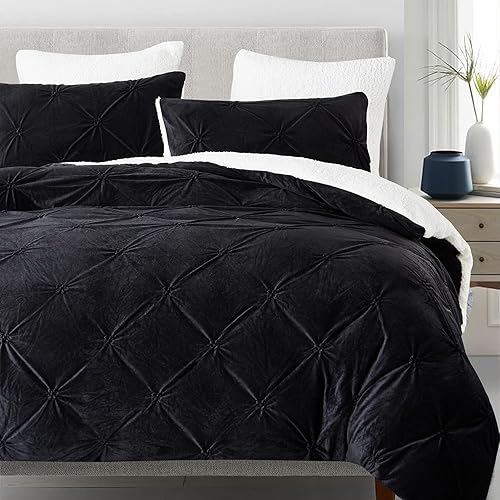 Nayoroom Juego de funda de edredón de terciopelo, tamaño Queen, color negro, plisado, reversible, forro polar, esponjoso, 3 piezas, para invierno,