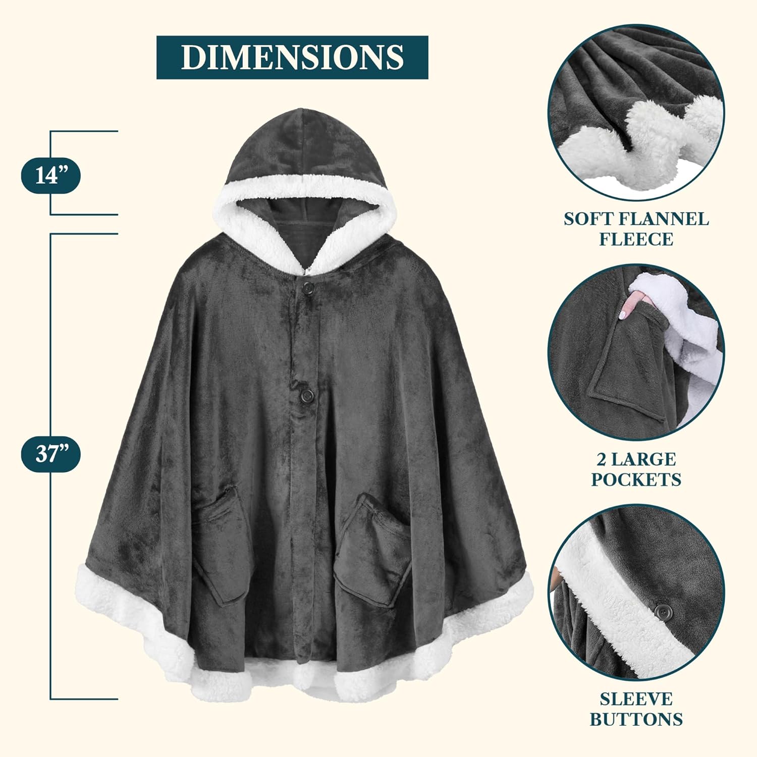 PAVILIA Wearable Blanket for Adult Women, Cozy Plush Fleece Blanket Poncho Cape with Hood, Super Soft Shawl, Angel Wrap Throw for Office, Dark Gray - Image 3