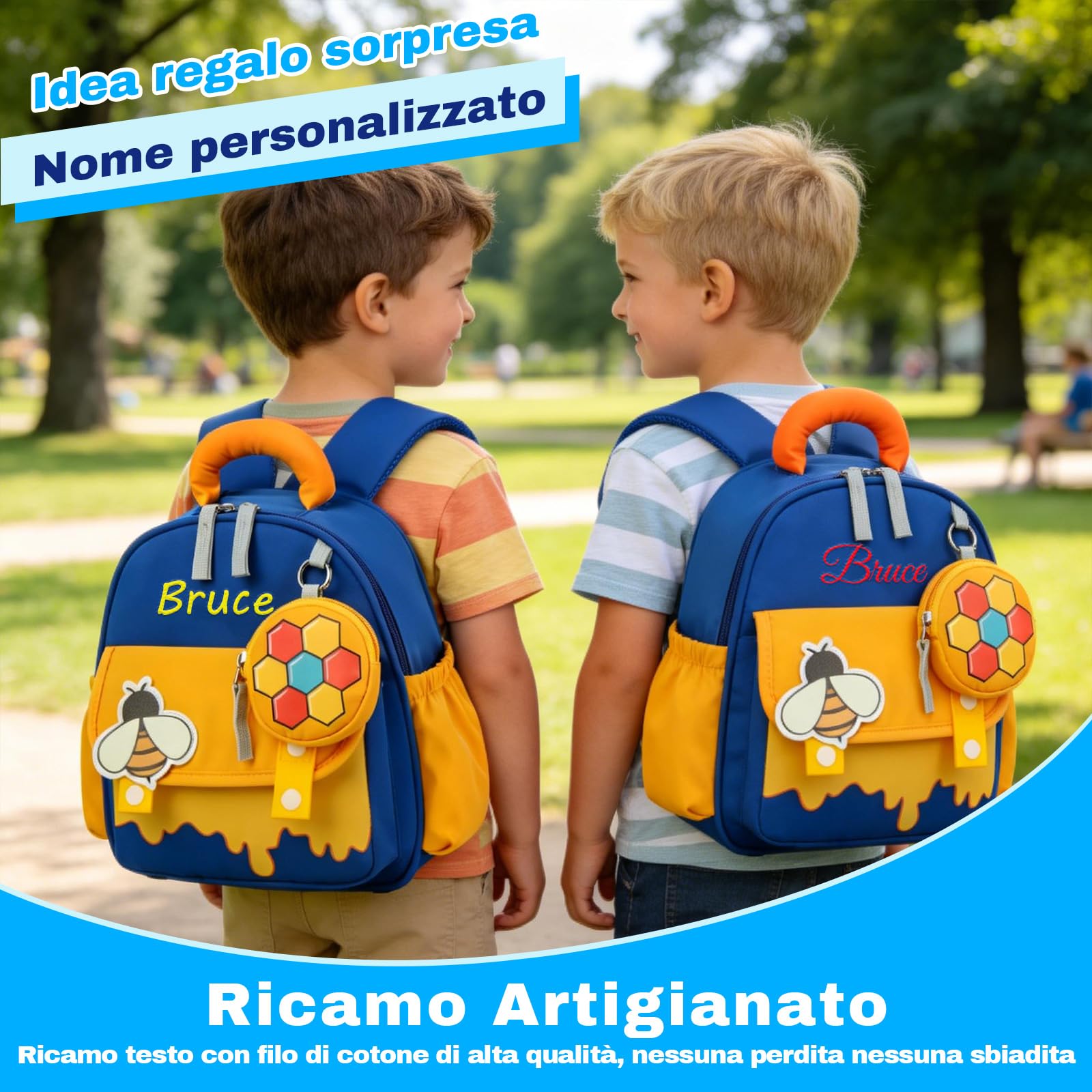 Generico Zaino personalizzato con nome ricamato per bambini, zaino asilo nido e materna, leggero e pratico per maschi e femmine, idea regalo originale per compleanno e rientro a scuola (Le api)