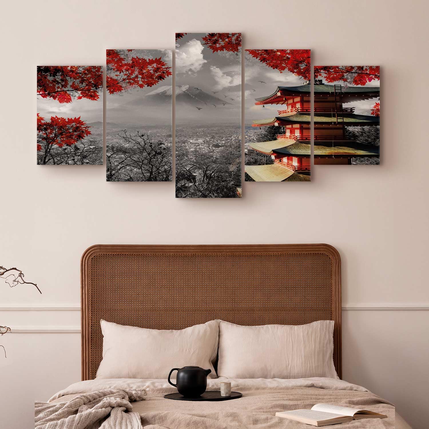 murando Quadro Japan 225x112 cm 5 pezzi Stampa su tela XXL Immagini moderni Murale Fotografia Grafica Decorazione da parete Paesaggio nero bianco rosso c-C-0241-b-m