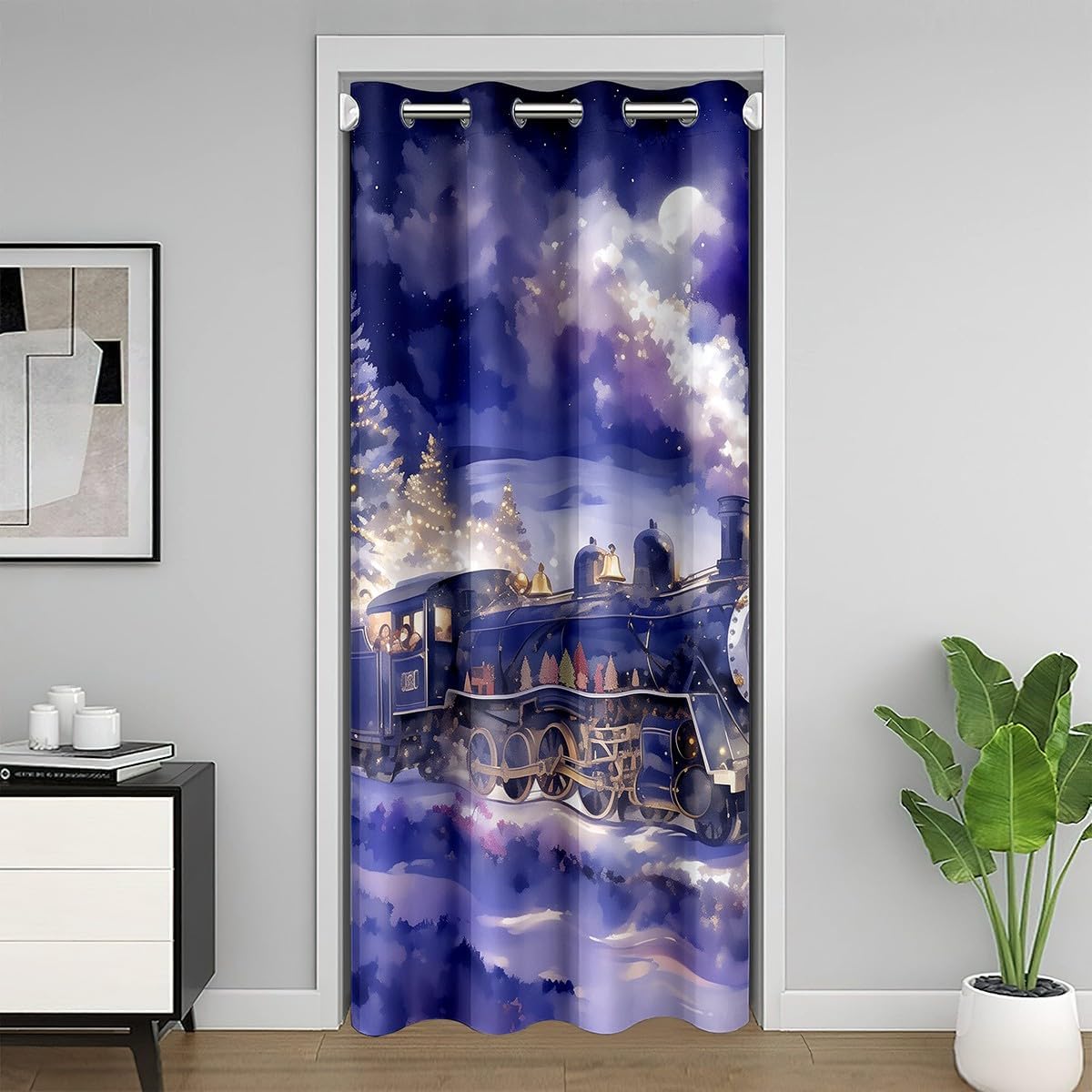 Winter Snow Door Curtain for Kids Adults,Kids Cartoon Train Happy New Year Room Divider Curtain Cover for Privacy,Christmas Night Tie Dyed Door Window Curtain 1 Panel,60" W X 80" L