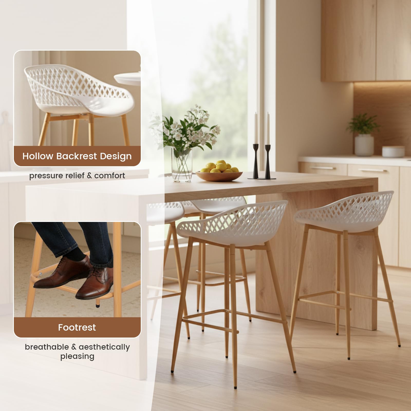Tavolo da cucina con sedie, rovere scuro + 4 sgabelli alti bianchi | Set sala da pranzo (tavolo con 4 sedie), tavolo bar con vano contenitore per cucine, sale da pranzo e bar