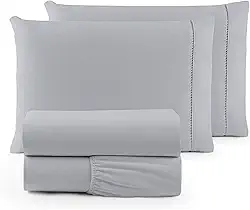 Jogo de Lençol SOLTEIRO 3 Peças 400 Fios Lençol de Cima Ponto Palito Toque de Pessego Lençol com Elastico e Com Fronha (CINZA, SOLTEIRO 3 PEÇAS)