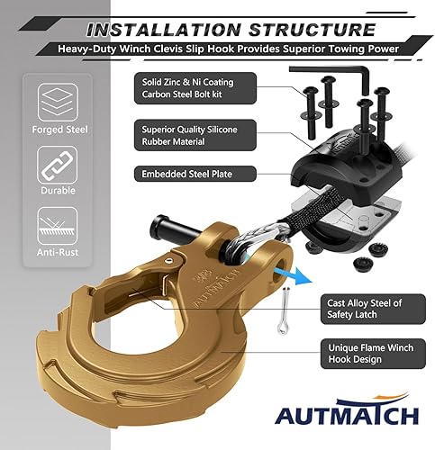Miniatura 8 de AUTMATCH Pestillo de seguridad para cabrestante de 38 pulgadas, grado 70, gancho deslizante de horquilla de acero forjado y tapón de gancho para