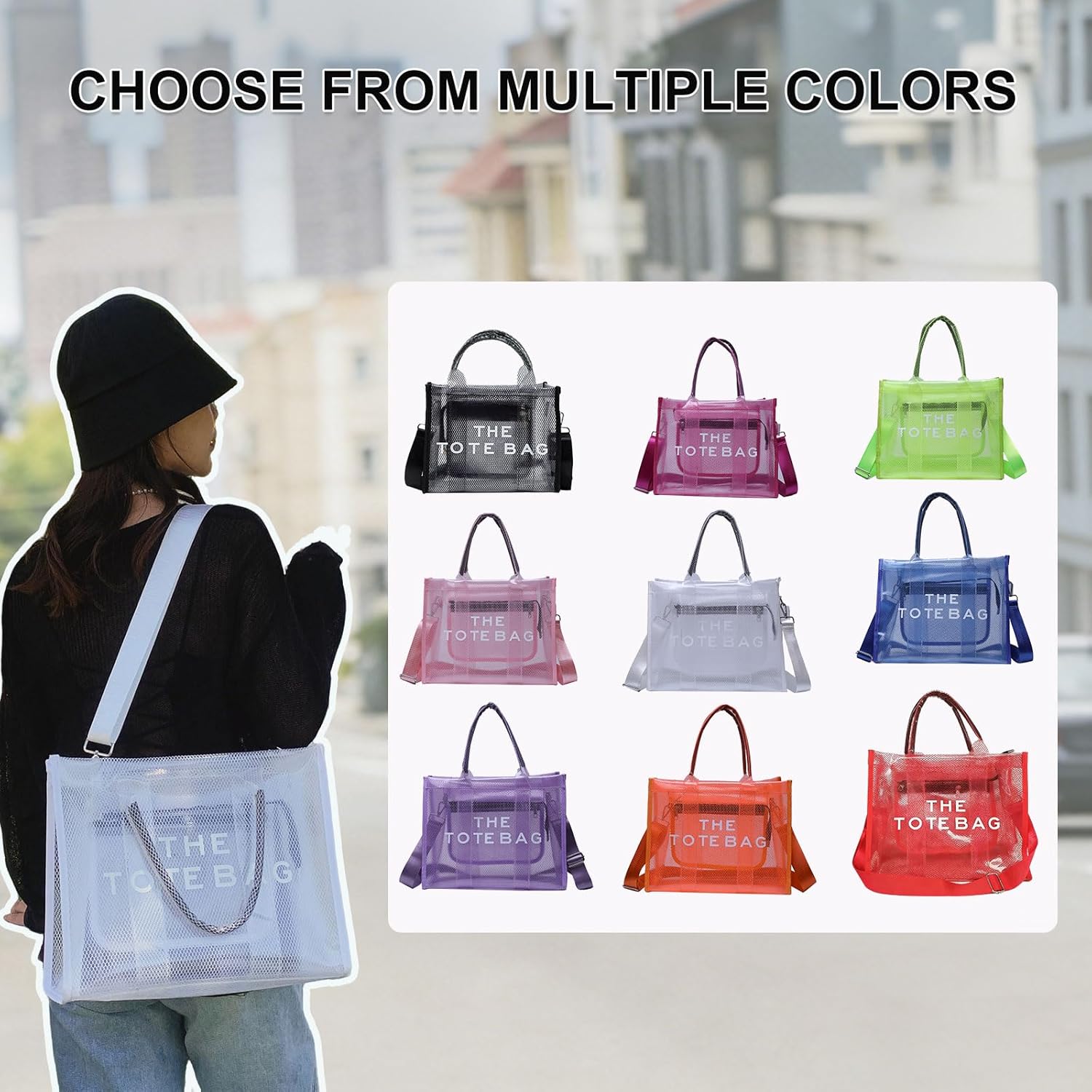 Clear Tote Bag for Women, Transparent Crossbody Lunch Bag Large Mesh Beach Bag for Sports Travel Stadium