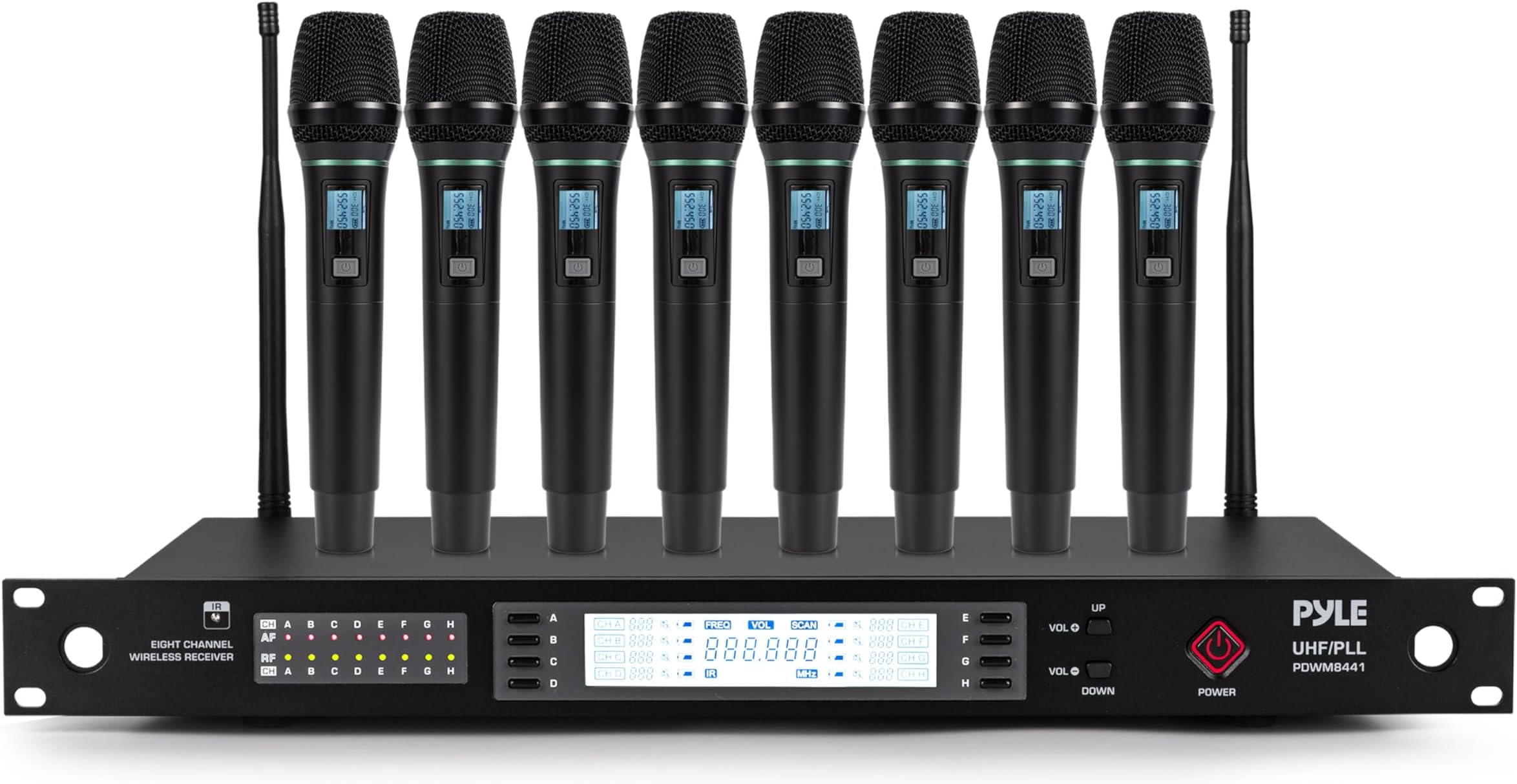 Pyle 8 Channel UHF Wireless Microphone System with 8 Handheld Mics, 300 Ft Range, Rack Mount Receiver for Karaoke, Worship, Schools & Live Events