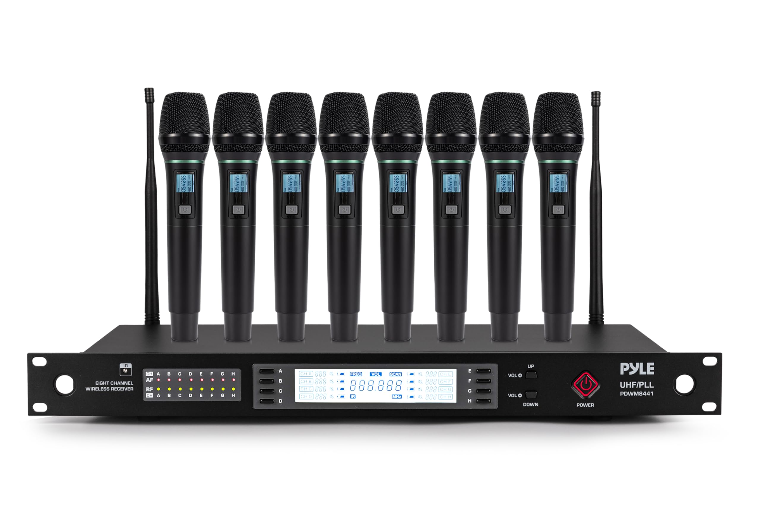 Pyle Wireless Microphone System | 8-Channel Microphone Set with 8 UHF Handheld Microphones | Cordless Mics with 100 Selectable Frequencies | 300 ft