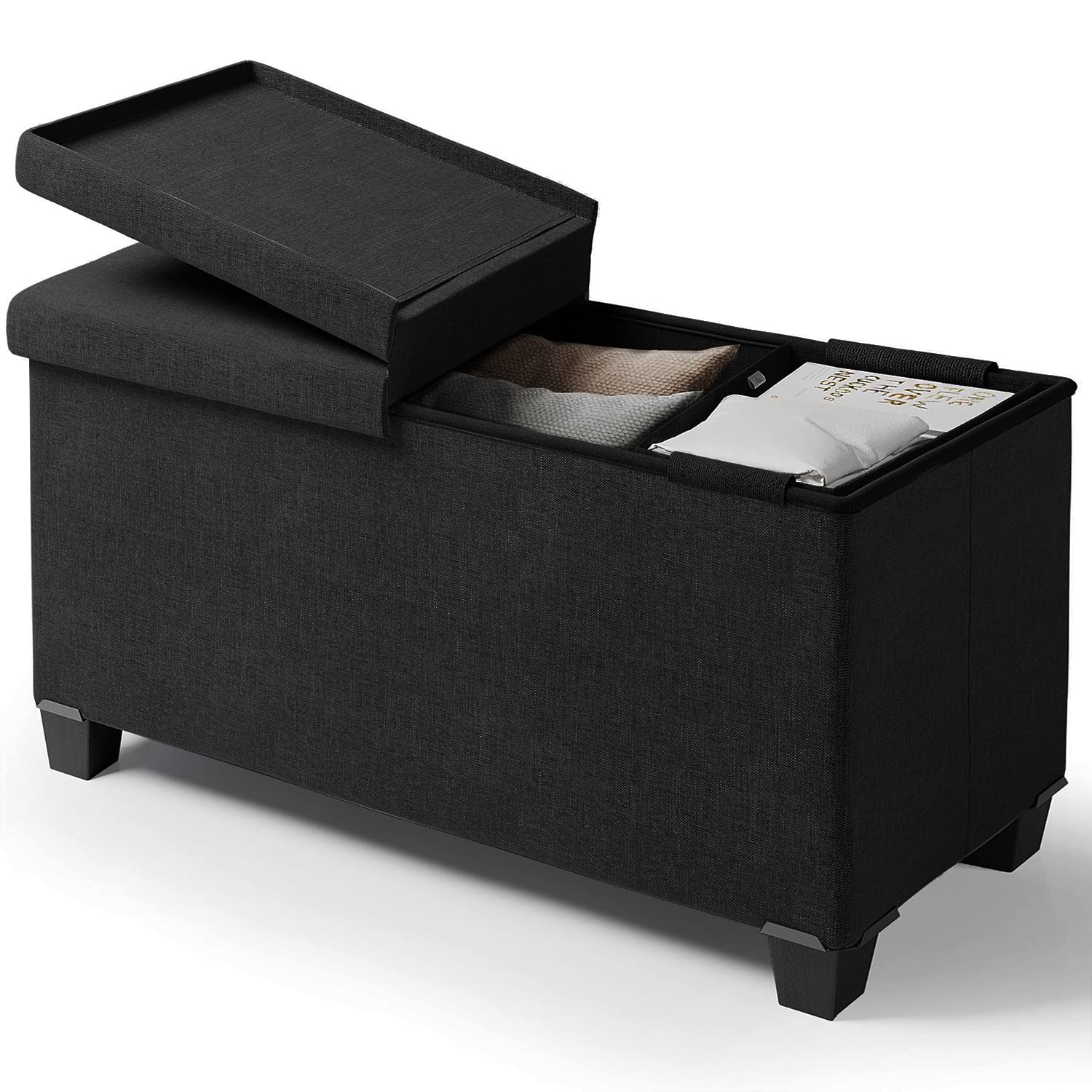 Storage Ottoman Bench with Storage Bins, 30-in Storage Bench for Bedroom End of Bed, Folding Foot Rest Ottoman with Storage for Living Room, Storage Chest Max 660lbs, Linen Fabric Black Ottoman