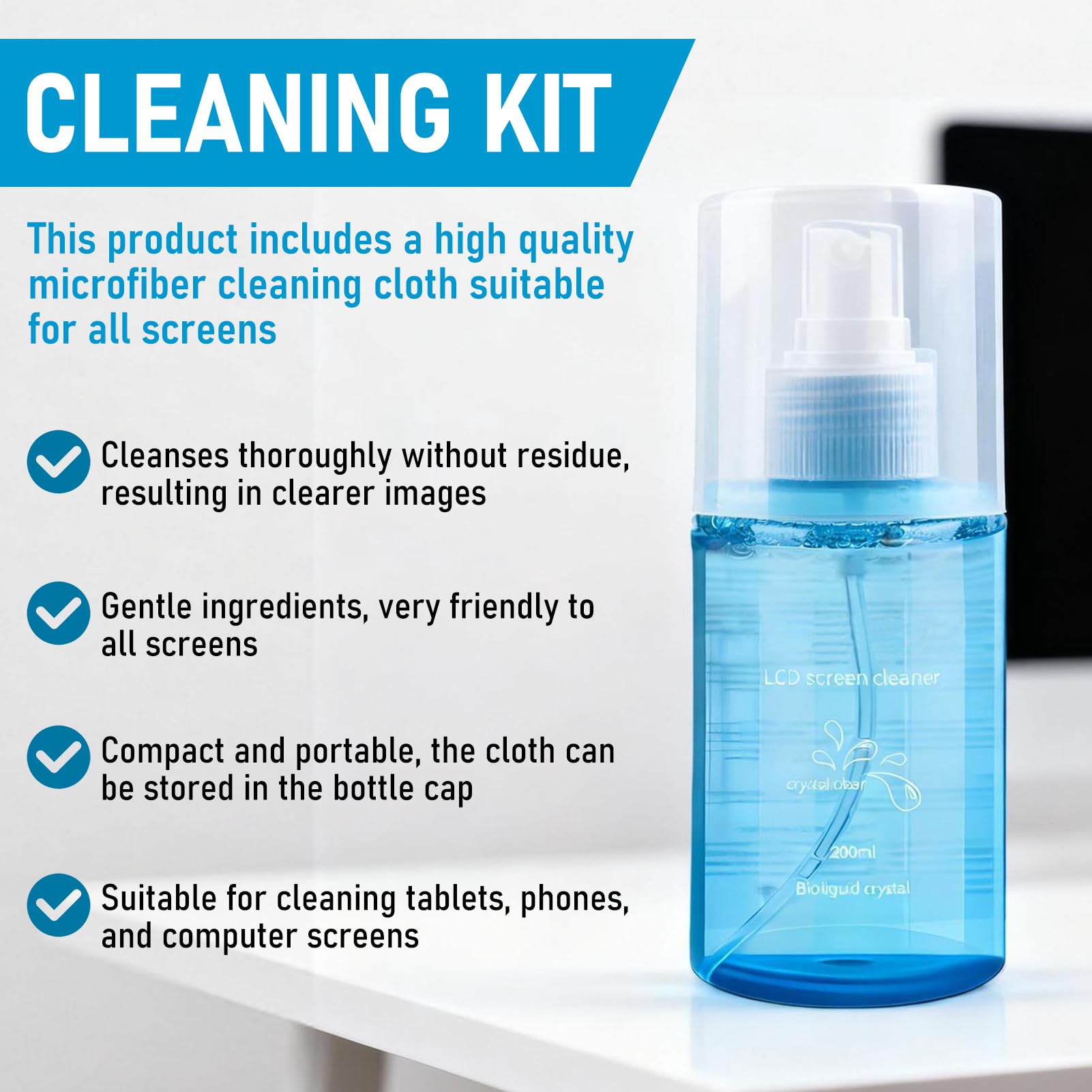 200ml Kit Pulizia Pc, Detergente Schermi Elettronici, Pulisci Schermo Pc + Panno Microfibra Schermo, Spray Pulizia Schermo per Monitor, Laptop, Tablet, Display di Computer