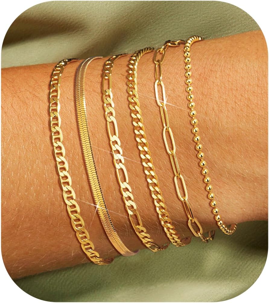 Gold Chain Bracelets Set for Women - Dainty 14K Gold Plated Cuban Link Bracelet Non Tarnish Figaro Herringbone Paperclip Stackable Beaded Bracelet Pack Jewelry Gifts 6" | 6.8" | 7.2"