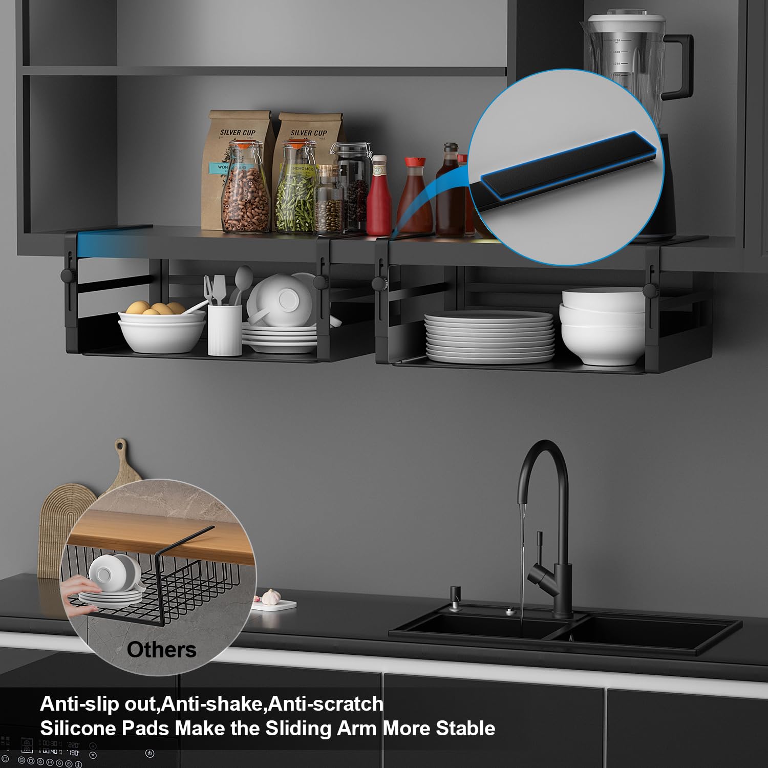 AmonHouseware Aufbewahrungskörbe unter dem Regal, verstellbar, zum Aufhängen unter dem Schrank, zusätzliche Aufbewahrungsregale, Einschubkörbe, Organizer für Waschküche, Küche, Speisekammer