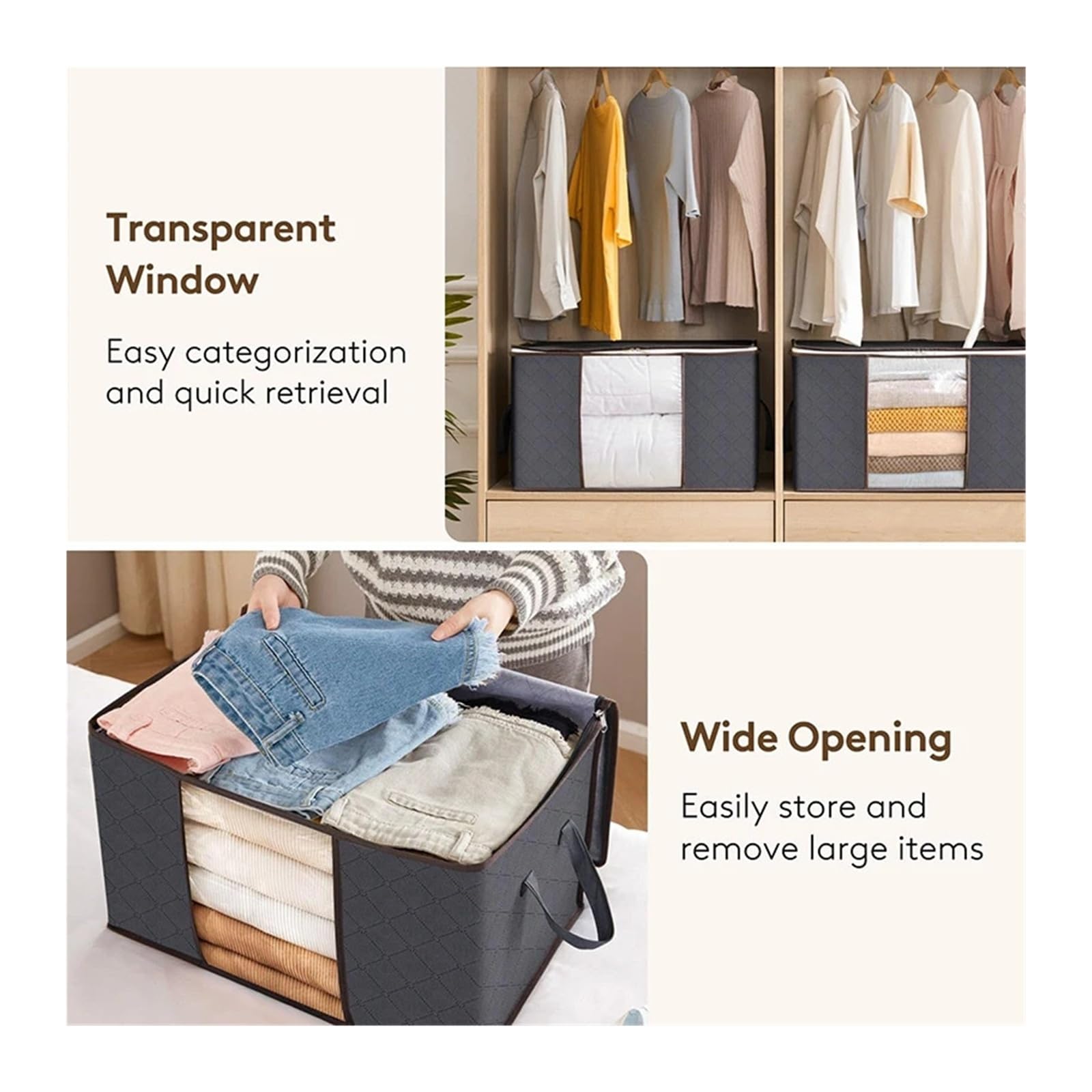 Faltbare Kleider-Organizer-Taschen, klares Fenster, stabiler Griff | Aufbewahrungsset for Kleiderschrank/Wohnheim, for Kissen, Bettwäsche, Kleidung und Decken.(Gray 35L-3Pcs)