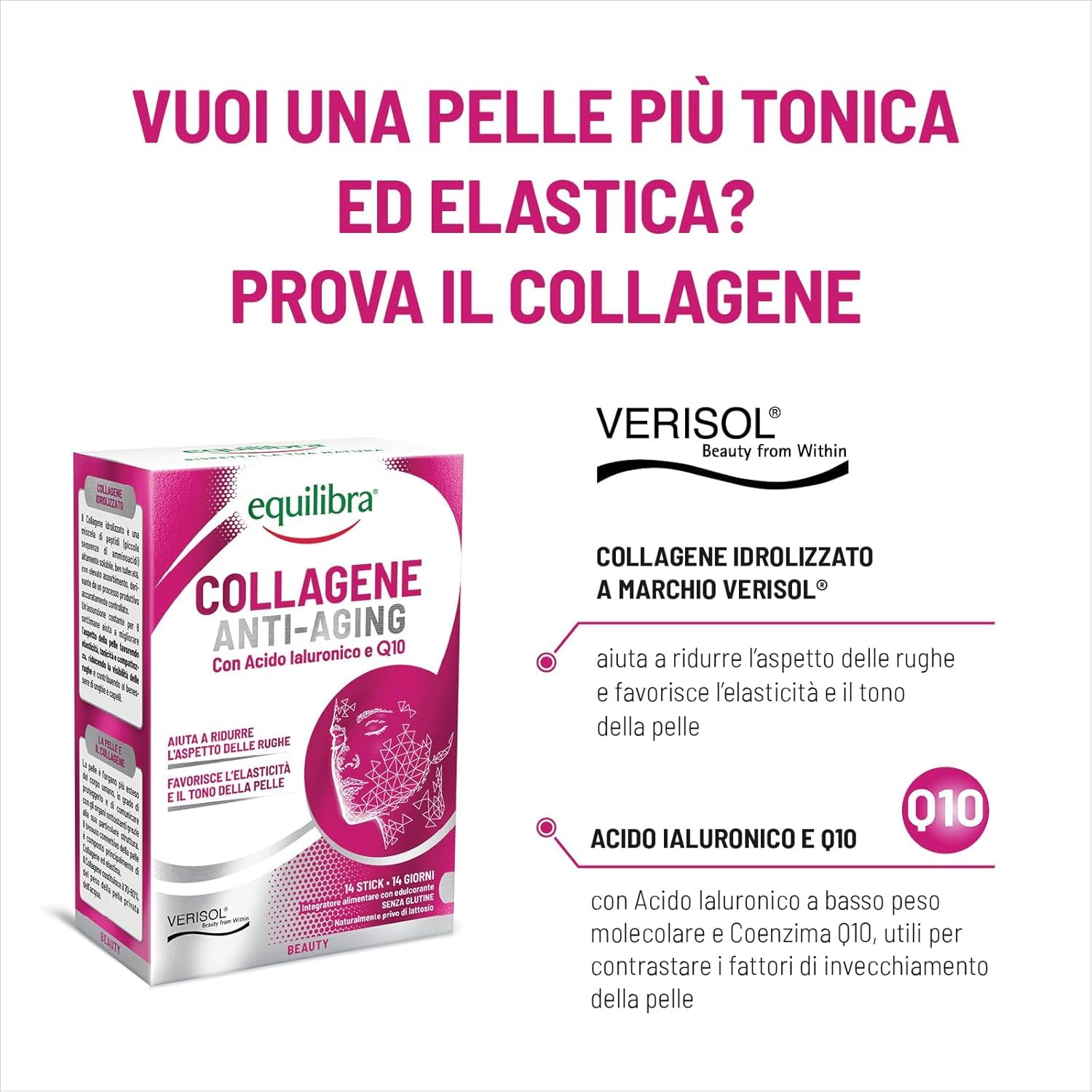 Equilibra, Collagene Anti-Aging, Collagene Idrolizzato VERISOL®, 14 Mono Stick, 5000mg Collagene a Dose, con Acido Ialuronico, Coenzima Q10, Migliora l'Aspetto della Pelle, Riduce le Rughe