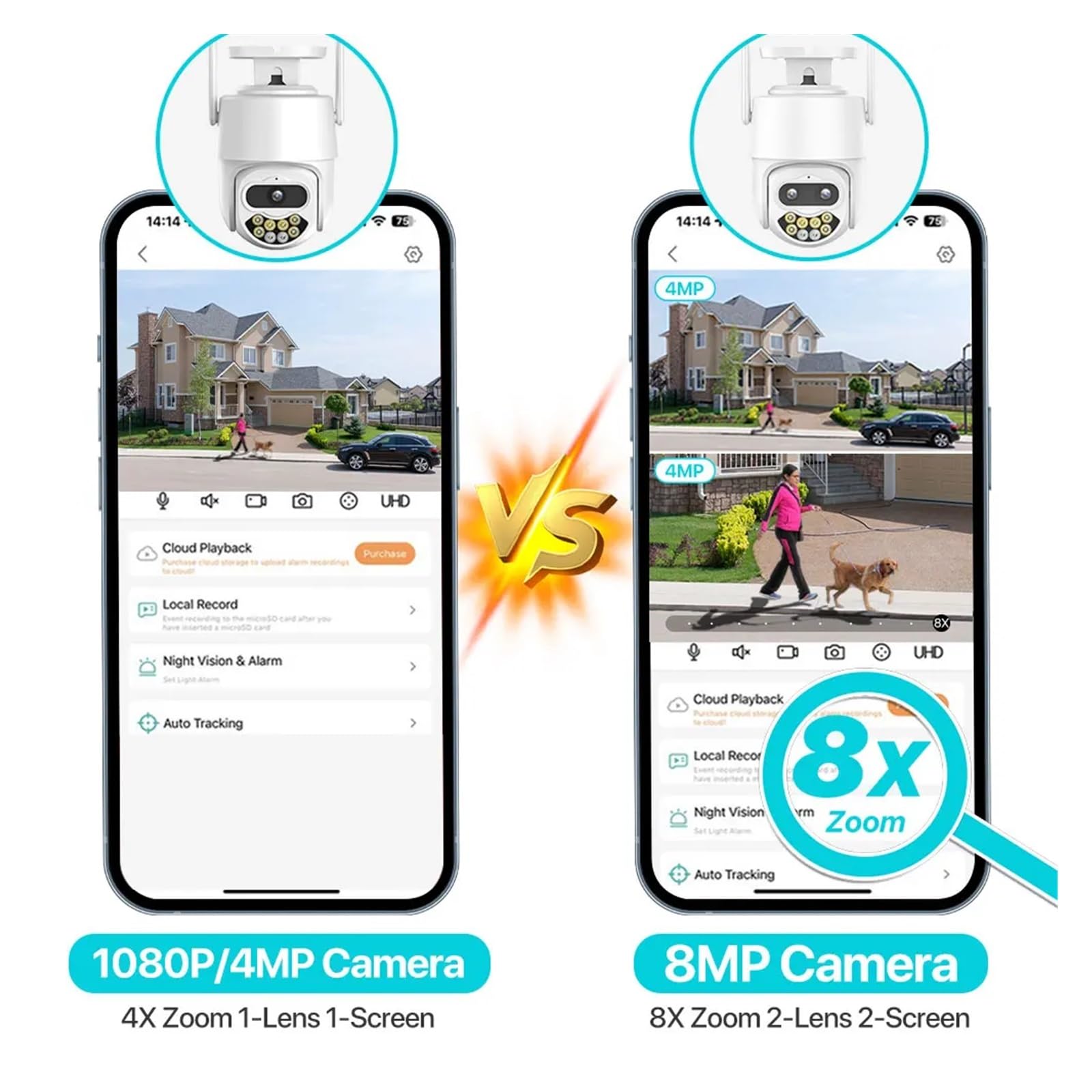 Kamera bezpieczeństwa, Kamera IP Wi-Fi 8MP 4K HD 8X Zoom podwójny obiektyw zewnętrzna kamera bezprzewodowa 4MP bezpieczeństwo AI wykrywanie człowieka CCTV dwukierunkowa audio(1080P NO SD Card)