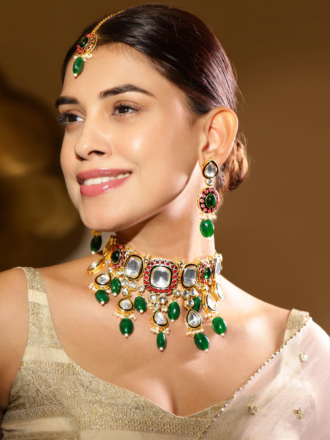 Rubans Juego de collar Maangtikka chapado en oro Kundan y perlas, regalo para mujeres y niñas